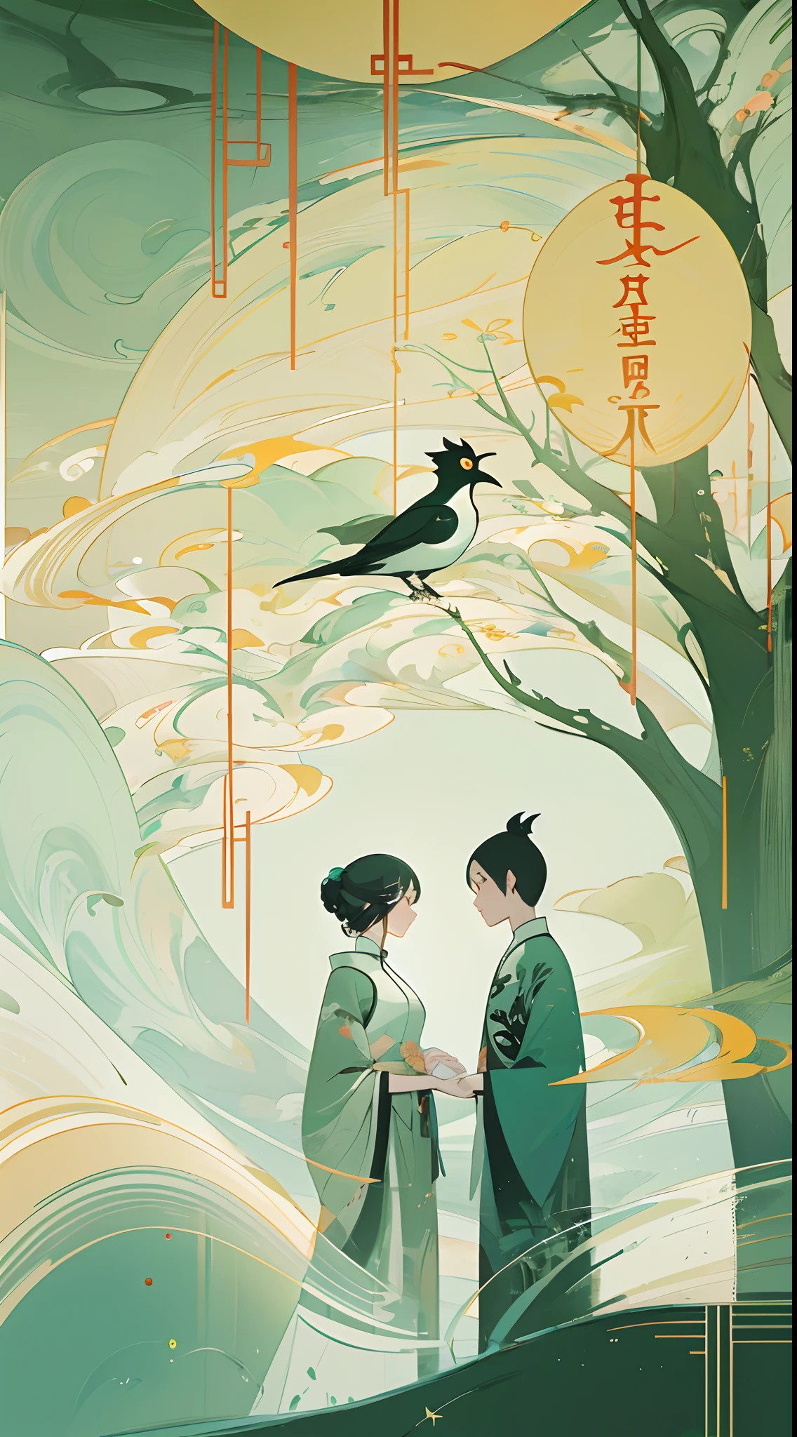 A Chinese couple,Tanabata, Magpie, Chinese landscape, abstract painting, Zen,Amy Sol style, cover art with light abstraction,simple vector art, contemporary Chinese art, color gradients, soft color palettes ,layered forms, whimsical animation, style Ethereal abstract