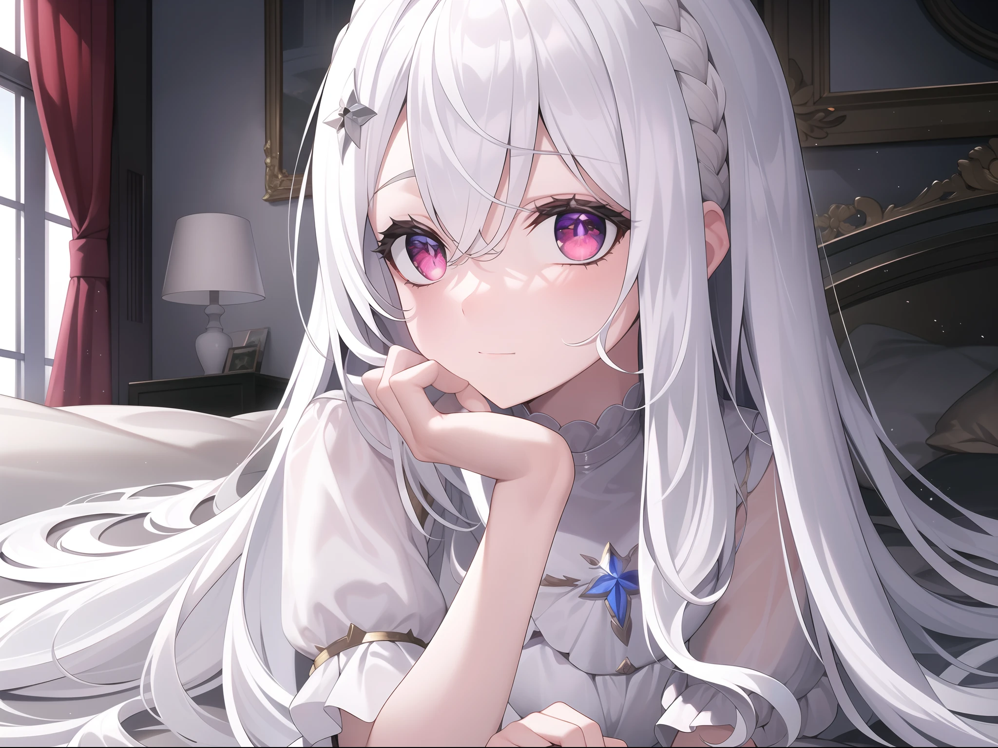 ((Masterpiece, Best quality))++, Detailed light+,  Detail hair+, detail hand+ ,1girll, woman, Long hair,   Crimson eyes,  Beautiful eyes, Young gray hair,,(Beautiful white hair:1.5),(Beautiful detailed eyes),    high resolution+,   blacksilk  ， a black skirt, Glass tones, Reflective eyes,   {{Angle}} , extremelydetailedwallpaper, Original, ,