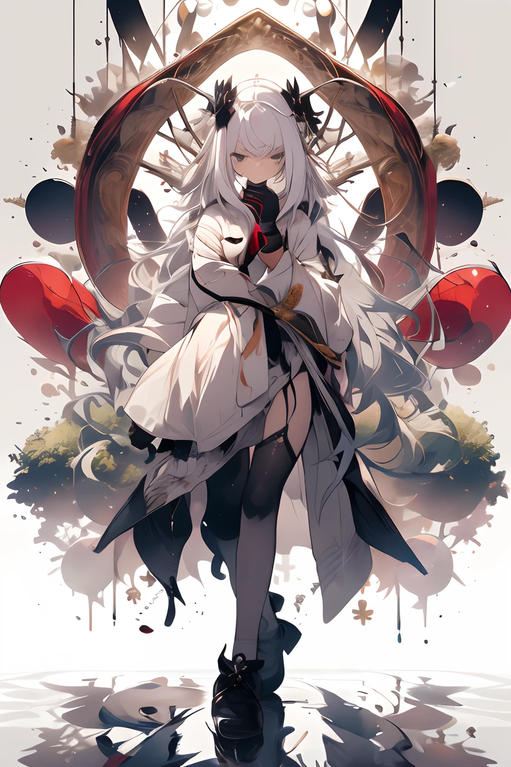, (masutepiece:1.2), Best Quality,Midjourney,
1girl in, Solo, Long hair, Very long hair, Looking at Viewer, Grey Hair, multicolored hair, White background, Bangs, gloves, Dress, Black Gloves, Holding, striated hair, reflection, Long sleeves, Wide sleeves, white footwear, hoods, White hair, Closed mouth, Red hair