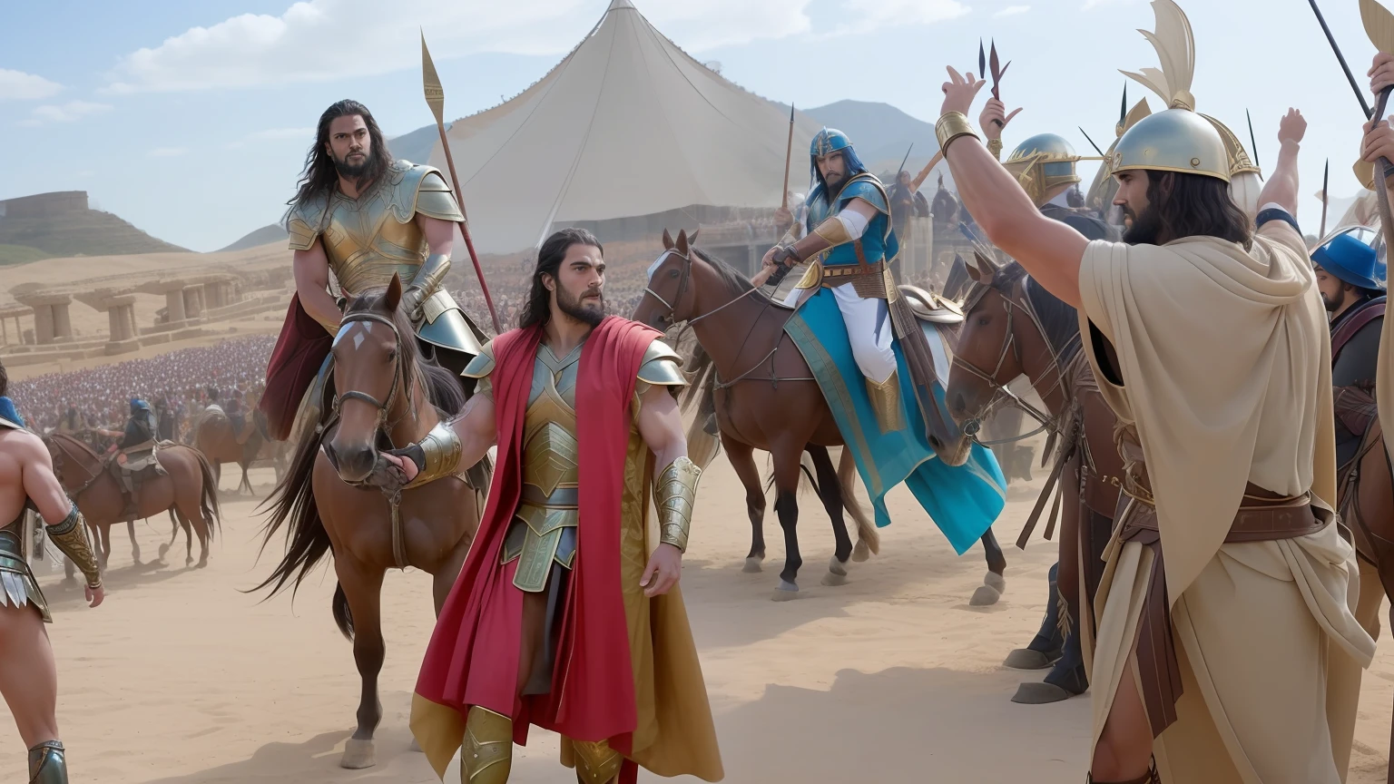 There are many people dressed in Roman costumes riding horses, jason momoa as assyrian, biblical epic movie, levando espartanos para a batalha, cena do filme live action, henry cavill is a greek god, filme ainda dnd, ossos como, Henry Cavill como um deus grego, Directed by: Alexander Fedosav, ainda de um filme live action, ainda de um filme de fantasia, maximus jacobs