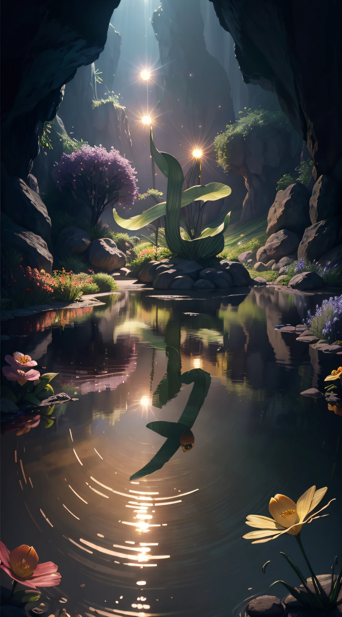 masterpiece,best quality,(manyplants:1.5)((cleanglass,shine: 1.2,(transparent:1.1),gloss)).pixarstyle,((In a cave, at night, surrounded byglowing plants, flowers, flying fireflies,bonfires:1.2)),(Ultra detailed, aesthetic, beautifulcomposition, rich bright colors, volumetric softlight),4k,reflection in the water,water rippleInspired by Alice in Wonderland,magic,fairytaleunreal Engine,octane render,cutenessrender,3drendering,awe inspiring,beautiful,adobephotoshop,chibi,