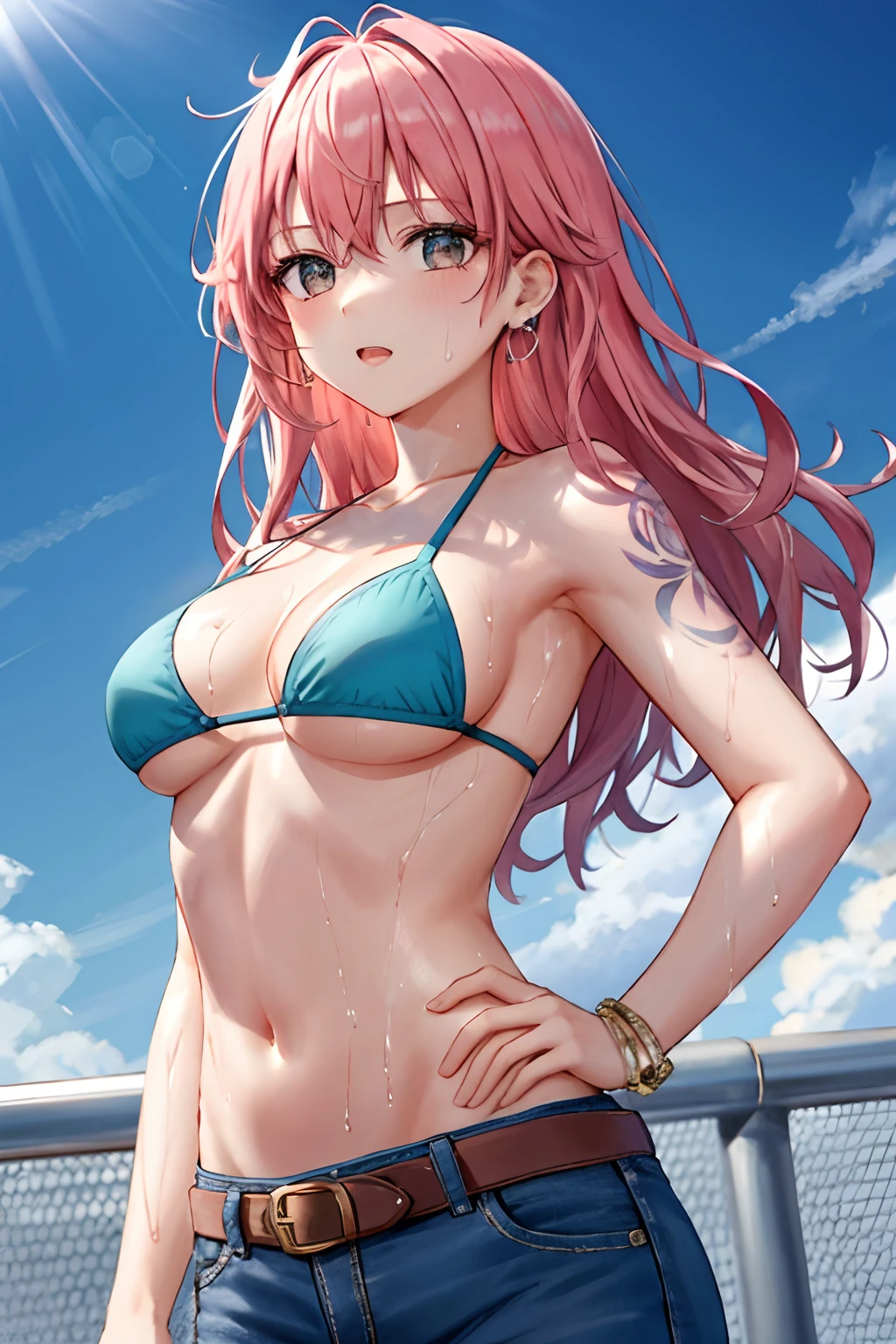 detailed background, masterpiece, 4k, epic, best quality, late youth, adult, wrestler body, strong, 1girl, active, energic, (large mouth) , solo, nami \(one piece\), 1girl, bangle, (very wet, drenched in sweat, sweat all over body, very wet hair, tired, open mouth, exhausted, shouting, sweaty face, sweaty body, sweating too much, shiny sweat, leaning, hands on hips, serious, glaring, open eyes, perfect detailed face, round face, sweat on face) bold drawing lines, muscular arms, detailed bold arm lines, flat jaw, adult woman, wavy wide streaked bangs, floating bang, (big cheeks), bare shoulders, off-shoulders, belt, bikini, bikini top only, blue sky, bracelet, springy breasts, breast lines, big round eyes, very big brown shiny eyes, bubbles, high eye position, cleavage, cloud, day, denim, earrings, floating hair, shiny hair, green belt, green bikini, bold groin lines, jeans, jewelry, medium breasts, log pose, long hair, looking at viewer, big navel, wet hair, orange hair, pants, shoulder tattoo, sidelocks, sky, solo, standing, stomach, swimsuit, tattoo , looking at viewer, open mouth, detailed left arm, big forehead, hourglass figure, small head, toned body, wide hair, wind effect, sun effect, under the sun, narrow small ears angle, older, random poses,
