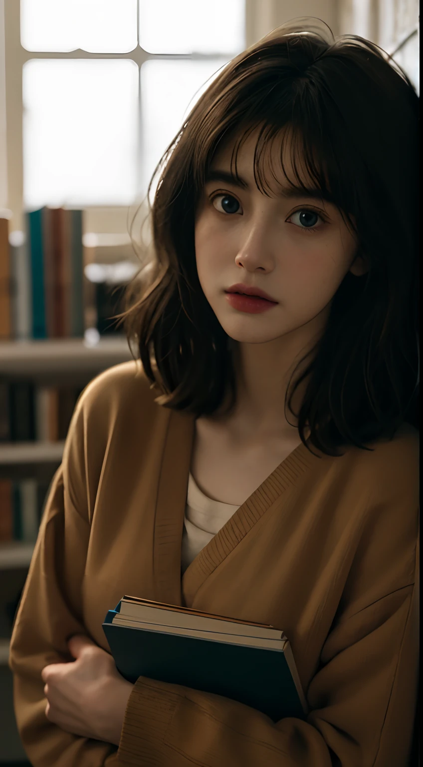 best qualtiy, tmasterpiece, 超高分辨率, (realisticlying:1.5), RAW photogr, A color photograph of a woman, natalia dyer, editorial portrait, Cinematic realism,Soft portrait shot 8 K, Cinematic portrait, beautiful realistic photo, Clara Oswald, Loish et WLOP, inspired by irakli nadar, bookshops,Cinematic lighting