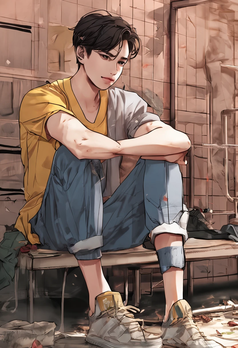 Handsome 18 years old,Exposed abs,Wear only boxer underwear,Sitting down,The soles of the feet are facing forward,home,Realistic style