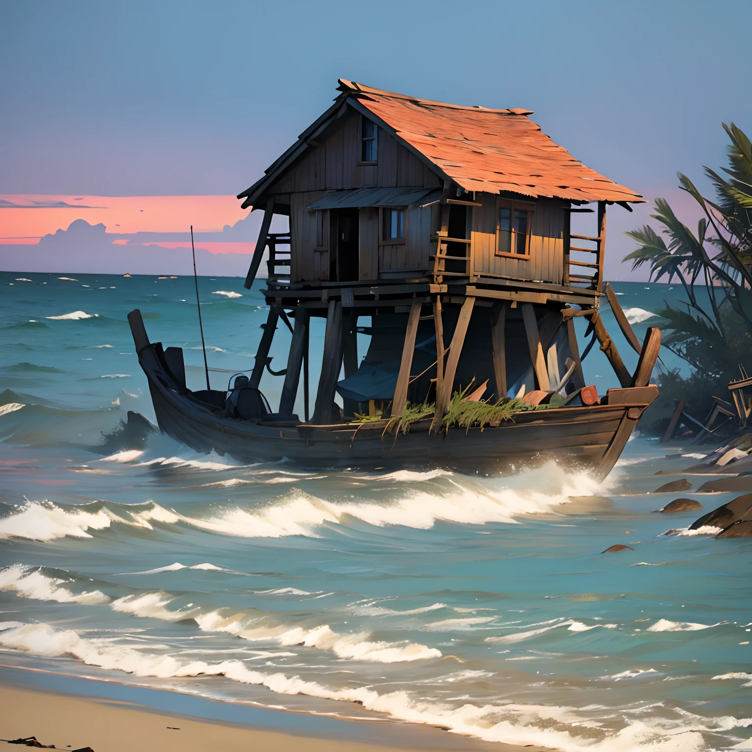 Two-dimensional style，Sunset beach ocean，Sleeping dog，cartoonish style，Stroke the，There are dilapidated log cabins on the shore that are illuminated，Mobile fishing boats，detail-rich，3Drenderingof