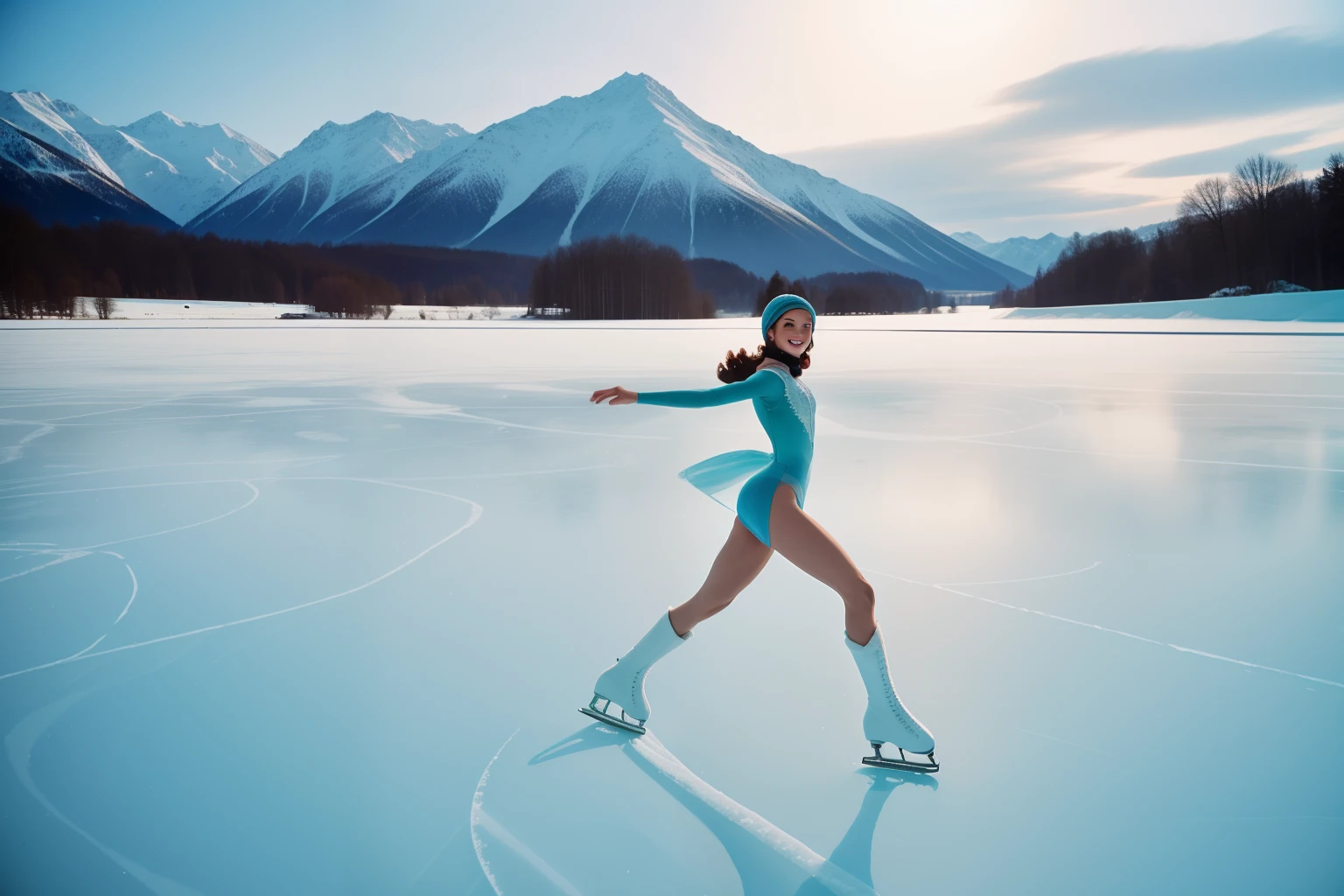 Date: 1977
Location: Munich, Germany
Description: A figure skater glides across a frozen lake, her movements as delicate and precise as the frost-kissed landscape that surrounds her.