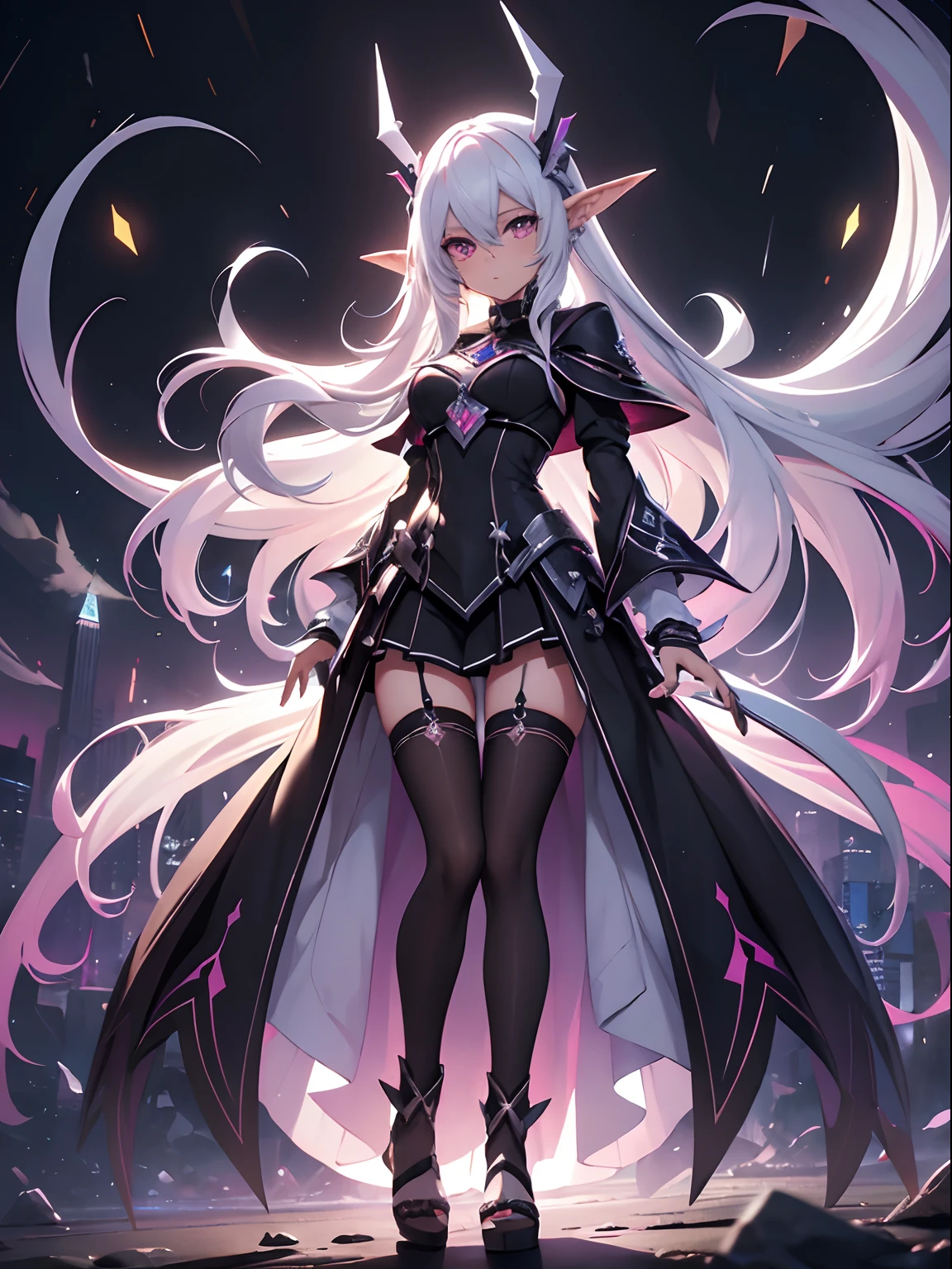 best qualityer,tmasterpiece,Ultimate resolution,downy,Extremely colorful,Colorful,Night,dark night background,Long flowing white hair,(Dark Elves),a matural female,Black pedal socks,(heeled sandals),Extremely normal posture,Normal posture