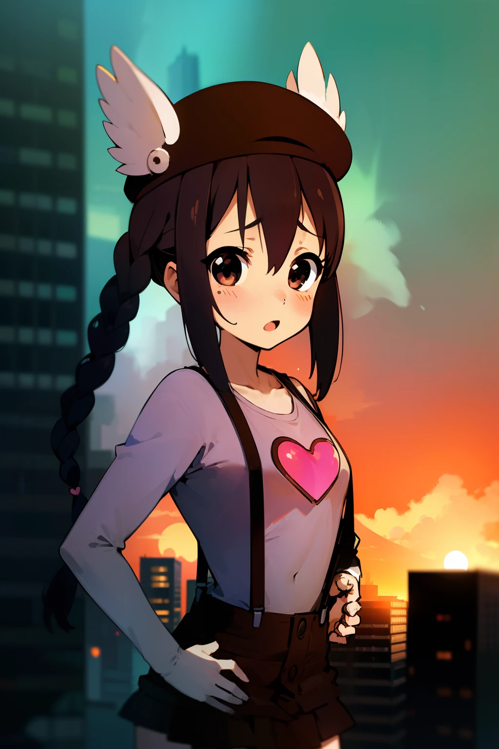 1girl, (((​masterpiece))), top-quality, top-quality, High Details, nakano azusa, 1girl, Twin-tailed, length hair, A dark-haired, brown-eyed, Gray T-shirt.suspenders.a black skirt.illustratio, comic strip, soothing tones, Subdued Color, Soft cinematic light, adobe lightroom, photolab, HDR, intricately and hyper-detailed、(((depth of fields))))。(((​masterpiece)))。(((top-quality))).(((ultra-detailliert)))。(((illustratio)))。(((takeout))).dynamic focus.big breasts.(((Skyscrapers))).(((A city scape))).(((Face of sadness))). open mouth.(((Put your hands on your hips))).(((up chest))).((evening glow)).((the setting sun)).(((Heart on chest))).Feathered hat