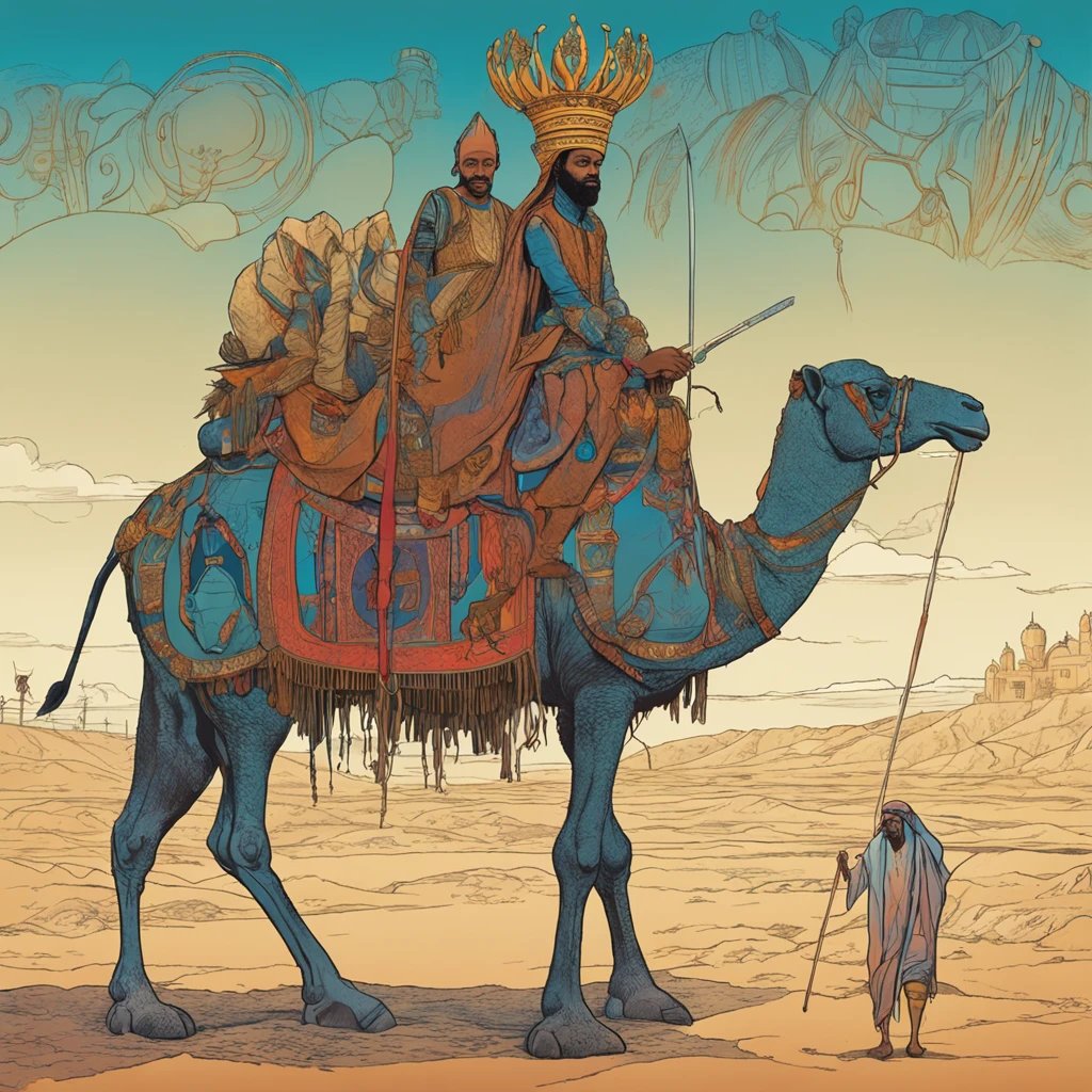 Arab sitting on a camel with a crown on his head, camelo, Moebius e Mohrbacher, Deus da viagem, camelo, Rob Rey, Directed by: Andrew Ferez, full-colour illustration, The Empress's Tarot Card, Directed by: Clément Serveau, Directed by: Jean Giraud, Directed by: Jean Giraud, imperatriz, Directed by: Daniel Schultz