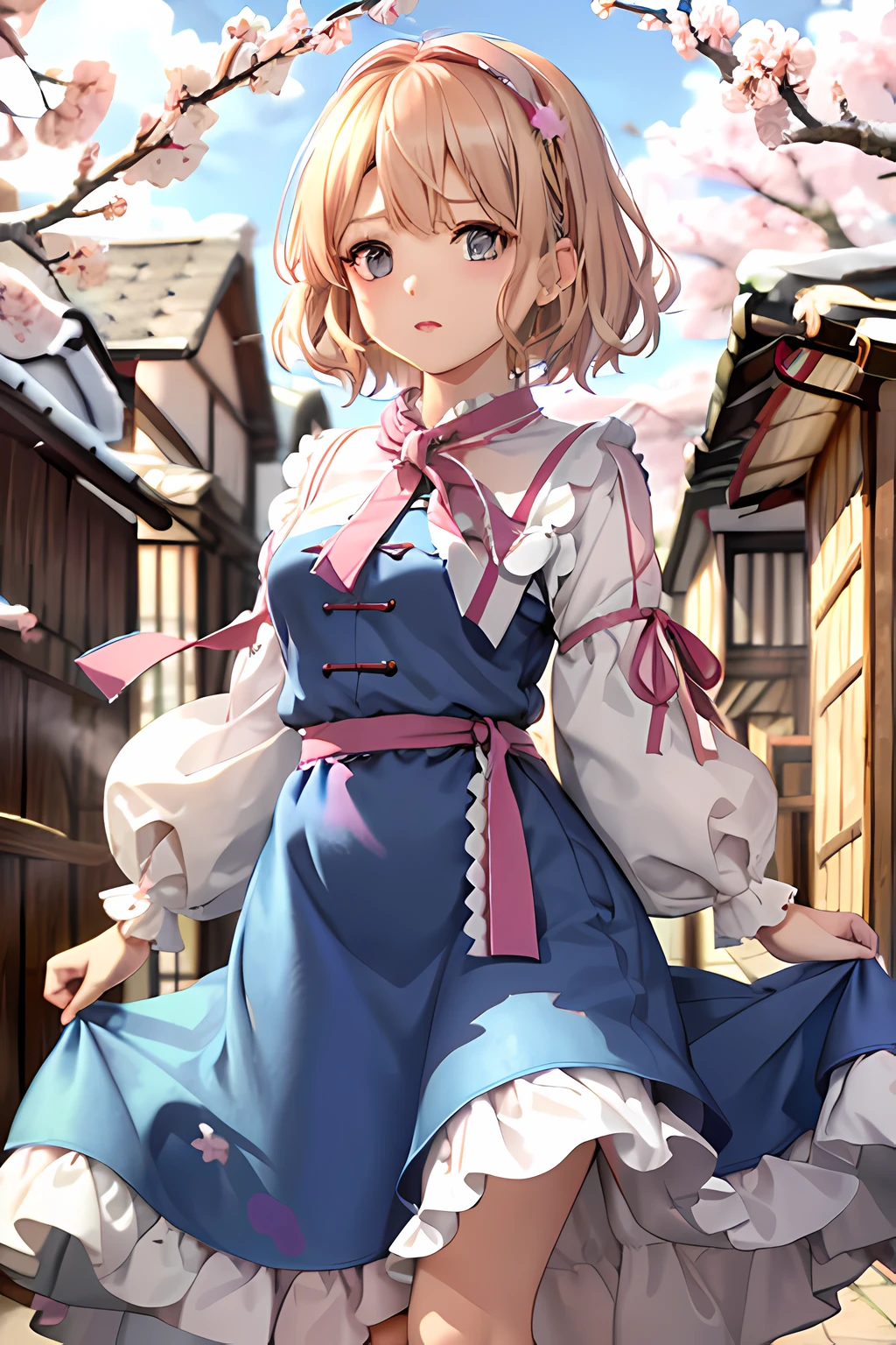 Wearing a pink dress./White with blue apron, matching headband with side ribbons, as well as white socks. She has blonde hair and golden eyes, just like her next appearance. (Except Perfect Cherry Blossom. ) Since Extra Stage, she has her signature scriptures.

In Perfect Cherry Blossom, she has blue eyes and red stripes on her hair. She wore a light blue dress with white long sleeves and two pink ribbons. One was around her neck and the other wrapped around her waist.

In Imaterial and Missing Power, Alice's sprite is shown to have blue eyes, but her portrait is golden. Her book is wrapped in a red ribbon, and she has a rope on her finger to control her doll. She also wears black boots. Her sprites in Scarlet Weather Rhapsody and Touhou Hisoutensoku did not change.

At first glance, I said that my face looked like a doll.