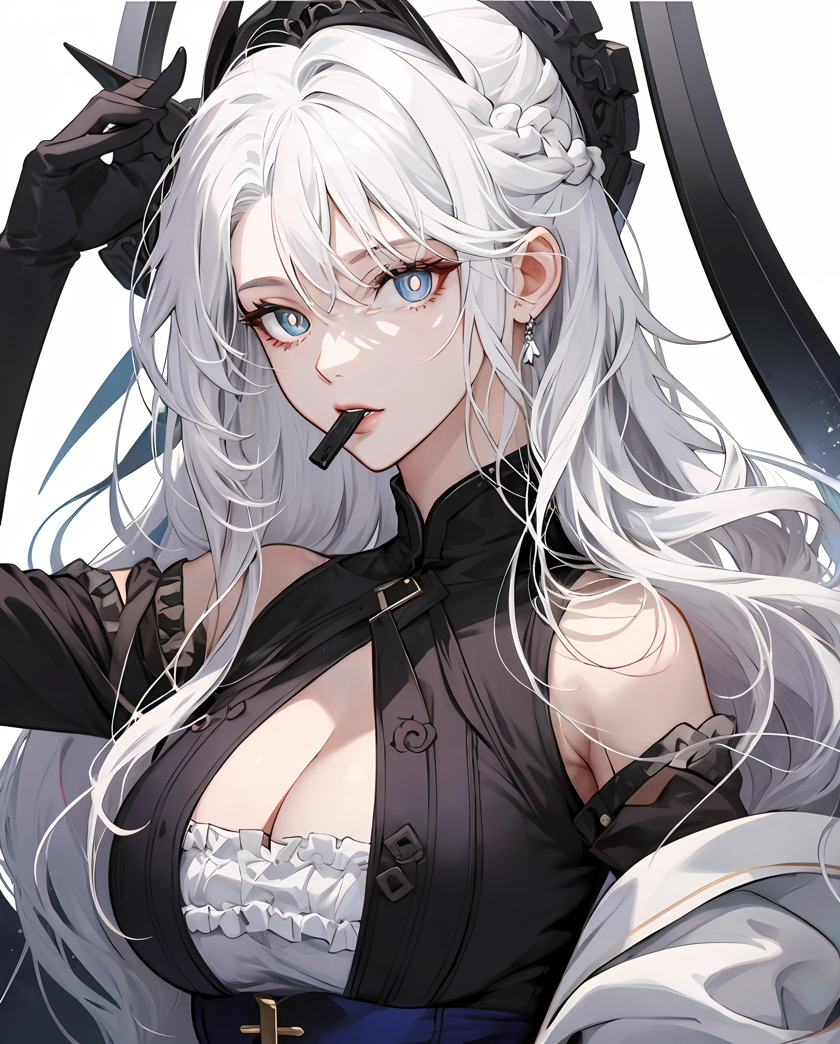 white color hair,Two-dimensional anime,Lori huge breasts cleavage,blacksilk,Perfect body,Heteropupil,Beautiful pupils,Dysmorphia,head portrait,Taste