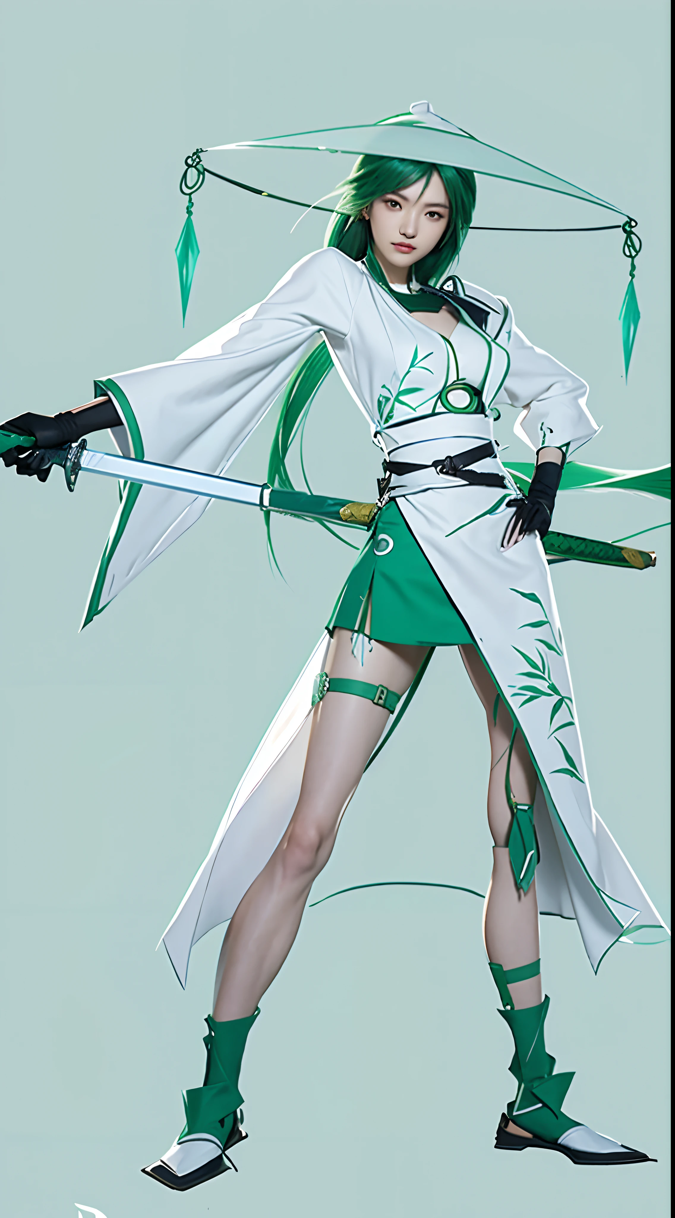 Cartoon of a woman holding a sword in white and green, Akali, full-body xianxia, Anime character design, kunoichi, Katana Zero video game character, akali from league of legends, concept art style, G Liulian art style, Inspired by Shen Zhou, saints ( valorant ), traditional japanese concept art