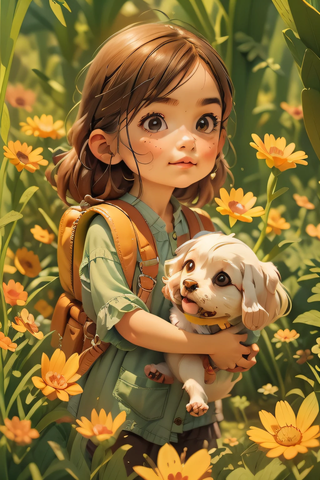 A very charming *********** with a backpack and her cute little dog enjoying a lovely spring outing surrounded by beautiful yellow flowers and nature. The illustration is a high-definition illustration in 4K resolution with highly detailed facial features and cartoon-style visuals.