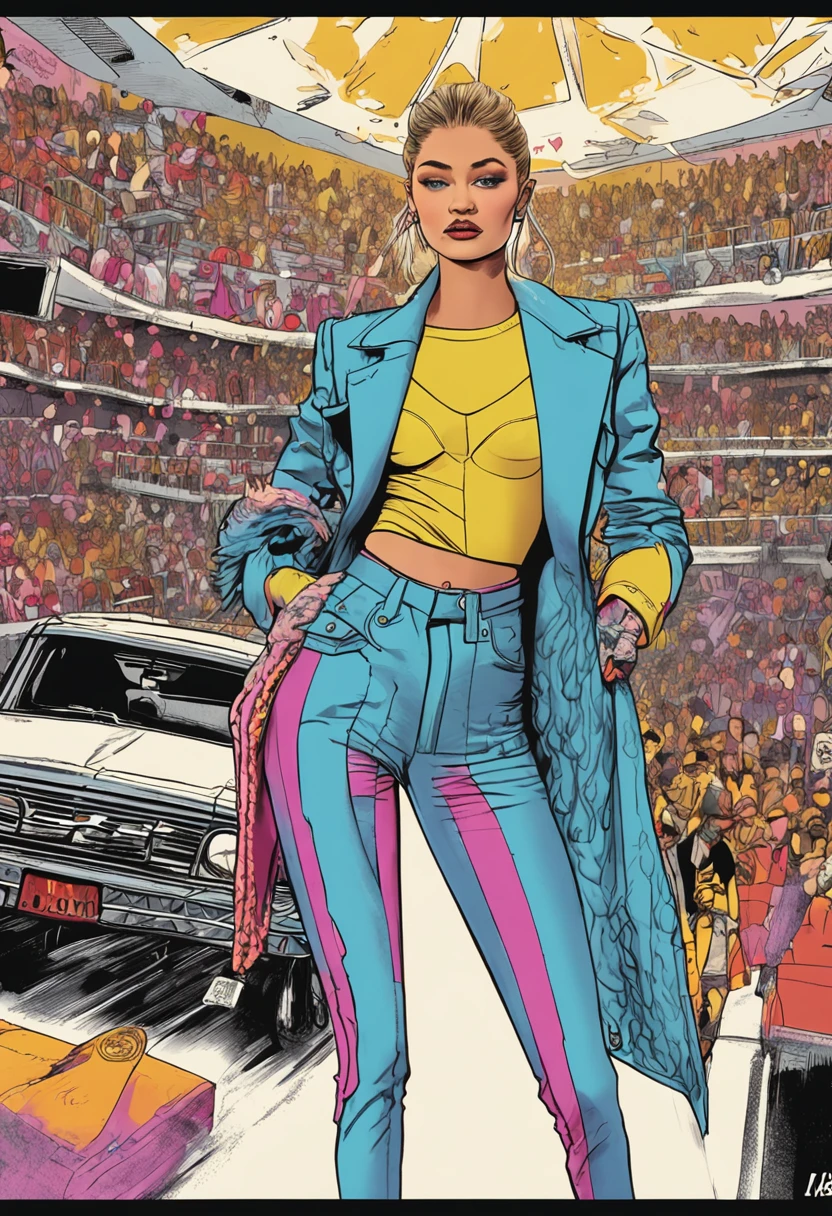 Sunshine punk fashion runaway Gigi Hadid catwalk movie stills, Photoreal, Photorealistic, Highly detailed, Fear God, Cinematic, Fashion, Chanel was out of control, Catwalk, model, Haute couture, Spring, Versace is out of control, Gigi Hadid