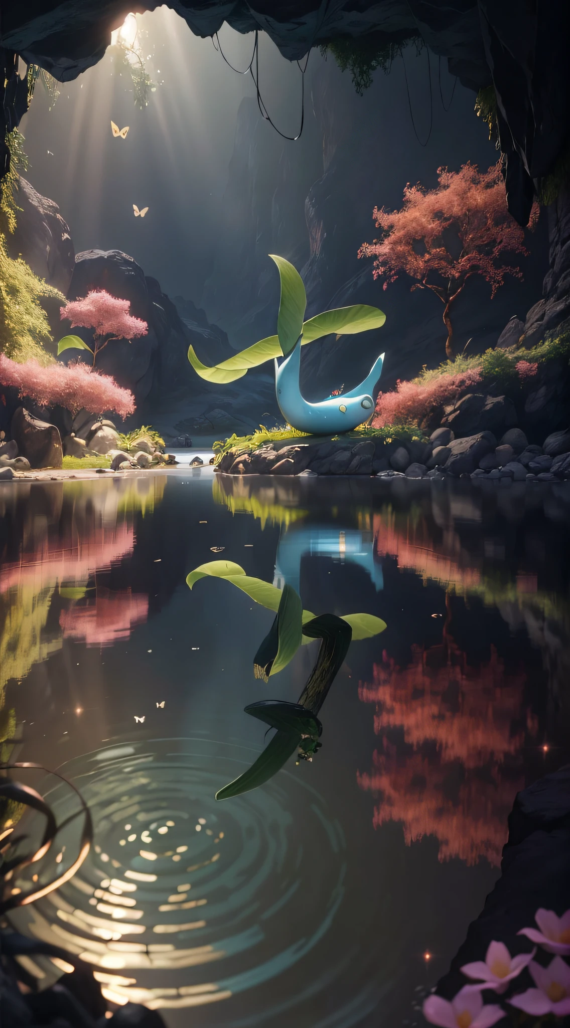 Masterpiece,Best quality,(Many plants:1.5)((Clean glass,Shine: 1.2,(Transparent:1.1),The sheen)).pixar-style,((In a cave, At night, Surrounded by glowing plants, Flowers, Flying fireflies,bonfires:1.2)),(Ultra detailed, Aesthetic, 美丽的构图, rich and vivid colors, Volumetric soft light),4K,Reflection in the water,Water Ripples is inspired by Alice in Wonderland,magic,Fairy tale Unreal Engine,rendering by octane,cuteness render,a 3D render,awe inspiring,Beautiful,AdobePhotoshop,tchibi,