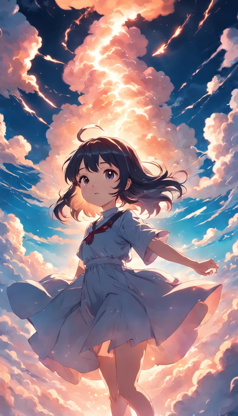 masterpiece, best quality, movie still, 1girl, cloud girl, floating in the sky, close-up, bright, happy, warm soft lighting, sunset, (sparks:0.7)