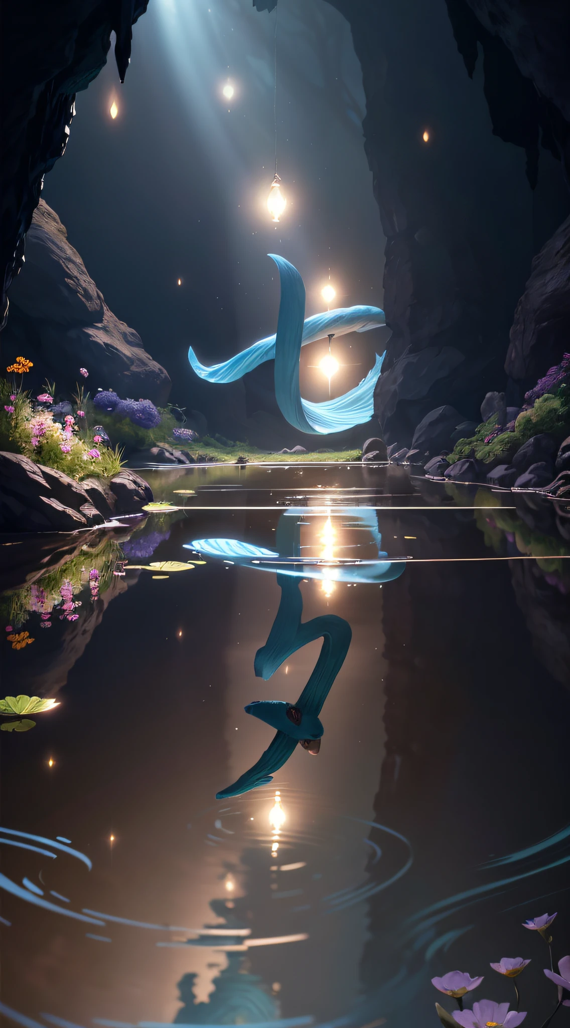 Masterpiece,Best quality,(Many plants:1.5)((Clean glass,Shine: 1.2,(Transparent:1.1),The sheen)).pixar-style,((In a cave, At night, Surrounded by glowing plants, Flowers, Flying fireflies,bonfires:1.2)),(Ultra detailed, Aesthetic, 美丽的构图, rich and vivid colors, Volumetric soft light),4K,Reflection in the water,Water Ripples is inspired by Alice in Wonderland,magic,Fairy tale Unreal Engine,rendering by octane,cuteness render,a 3D render,awe inspiring,Beautiful,AdobePhotoshop,tchibi,