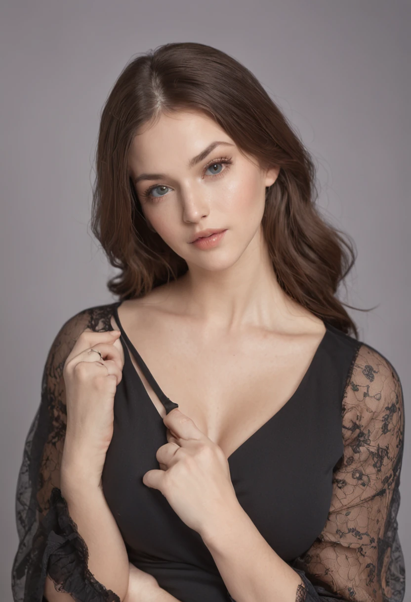 full body portrait, Amelia Adler, Human, Female, 24 years old, brown hair, blue eyes, slightly chubby body, large breasts bursting against her tight blouse struggling to contain them, pudgy belly concealed by a high waisted tight black skirt that stretches over her wide hips and ample bottom making the fabric cling tightly to every curve and giving way to soft squishy thighs