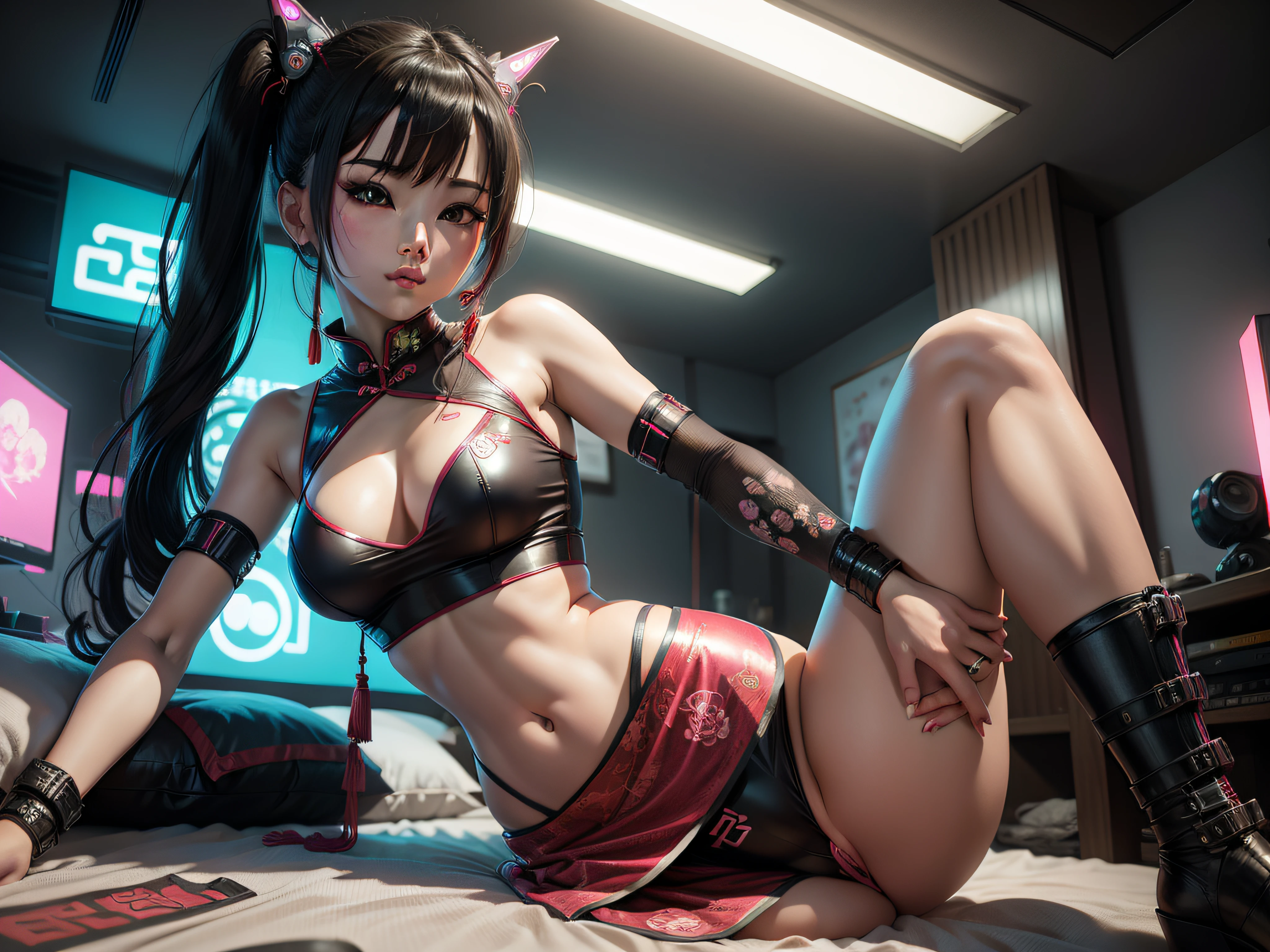 cyberpunk bedroom, chinese kawaii woman in skimpy cheongsam