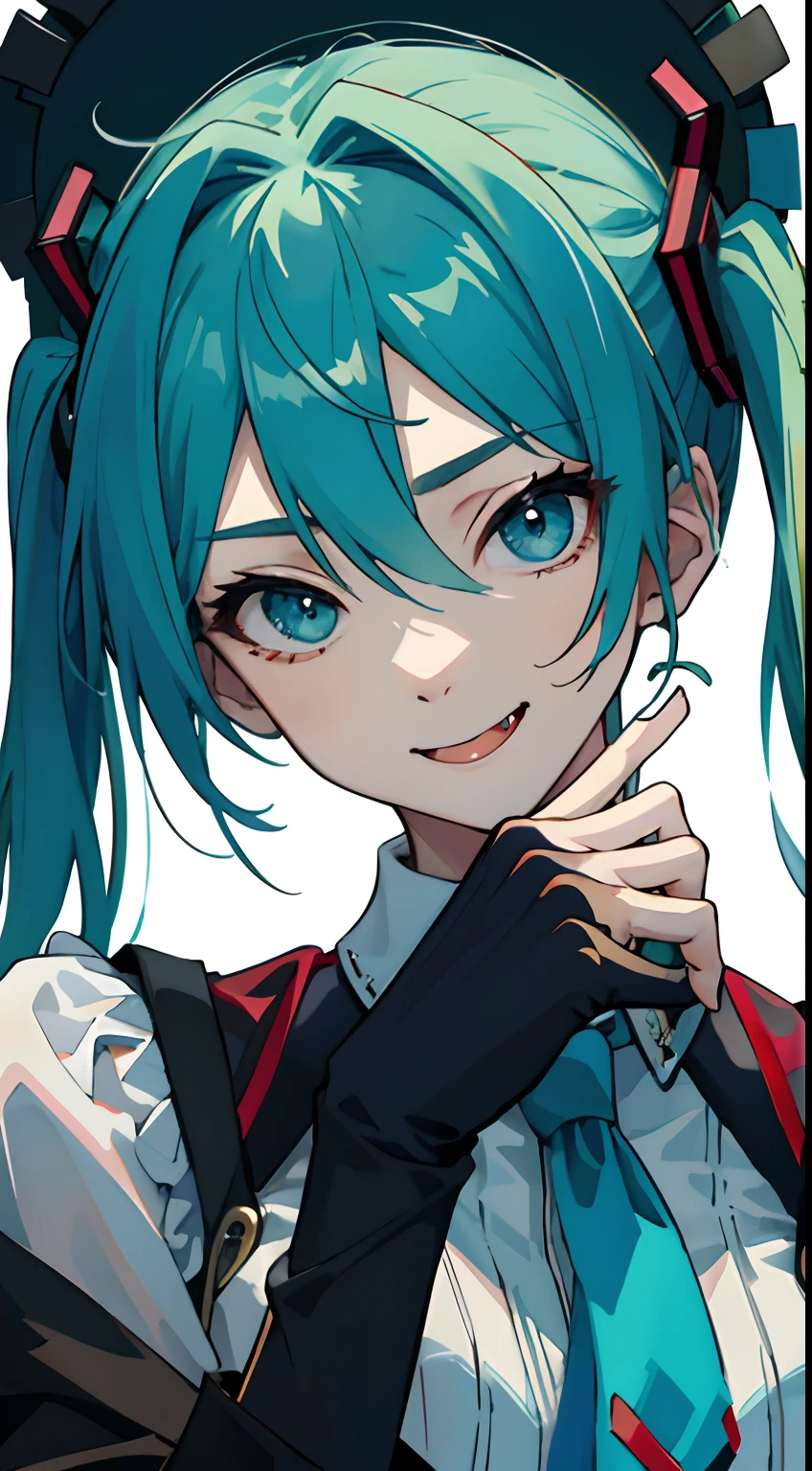 Beautiful women,a masterpiece of art,best qualtiy,ultra-detailliert,Face the audience,upperbody closeup,low-saturation,Vampire image,head bowed slightly,Visual lens,Place your hand on your mouth,Compared to the V-shaped gesture,Stick out your tongue,Big breasts Hatsune Miku,with dynamism,Fangs exposed,Take off your mask。
