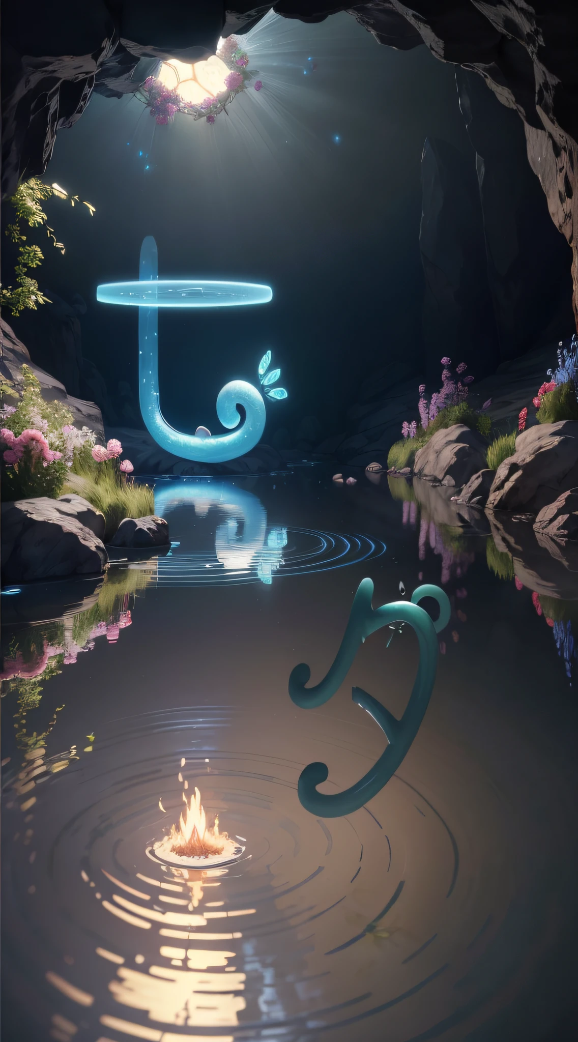 Masterpiece,Best quality,(Many plants:1.5)((Clean glass,Shine: 1.2,(Transparent:1.1),The sheen)).pixar-style,((In a cave, At night, Surrounded by glowing plants, Flowers, Flying fireflies,bonfires:1.2)),(Ultra detailed, Aesthetic, 美丽的构图, rich and vivid colors, Volumetric soft light),4K,Reflection in the water,Water Ripples is inspired by Alice in Wonderland,magic,Fairy tale Unreal Engine,rendering by octane,cuteness render,a 3D render,awe inspiring,Beautiful,AdobePhotoshop,tchibi,