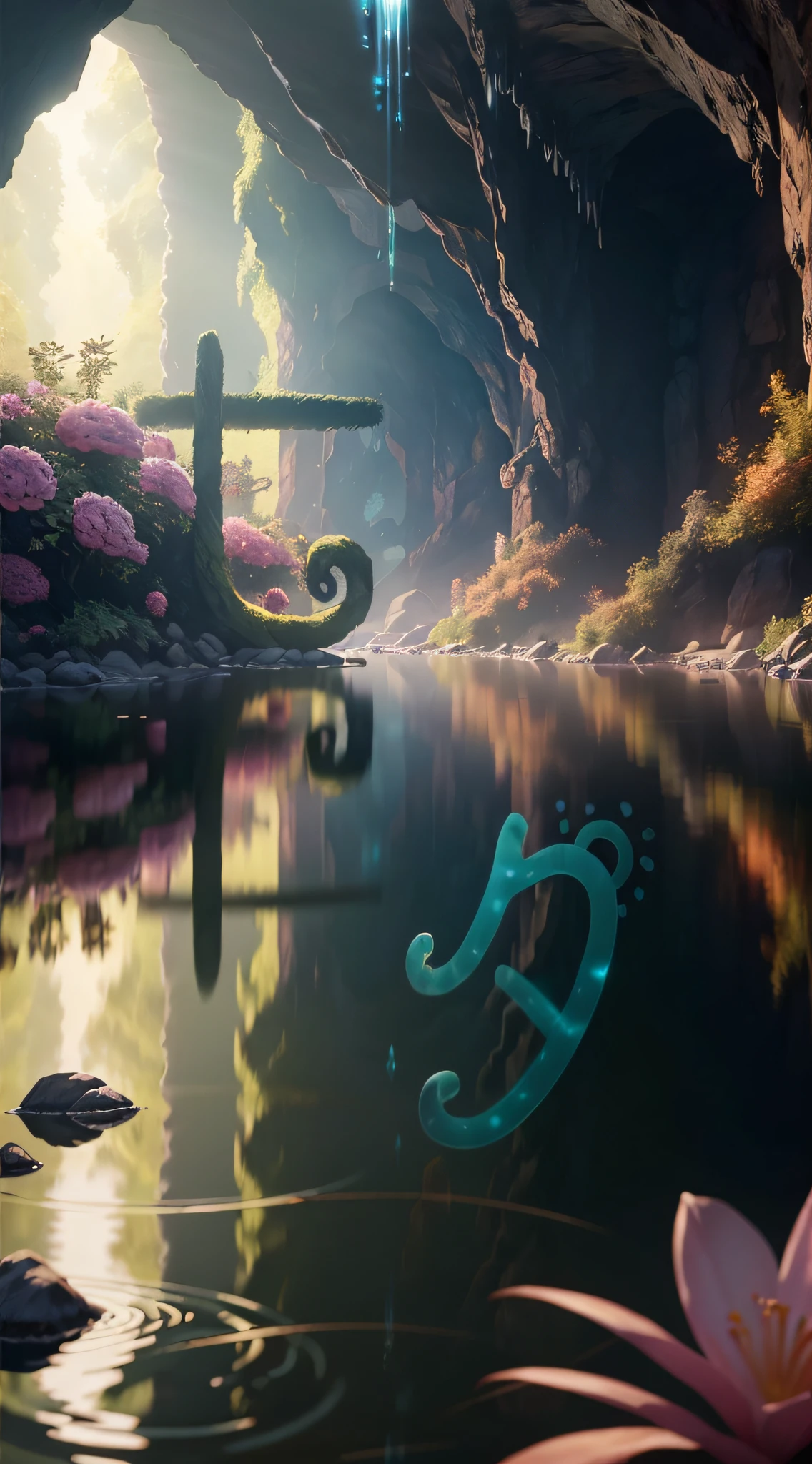 Masterpiece,Best quality,(Many plants:1.5)((Clean glass,Shine: 1.2,(Transparent:1.1),The sheen)).pixar-style,((In a cave, At night, Surrounded by glowing plants, Flowers, Flying fireflies,bonfires:1.2)),(Ultra detailed, Aesthetic, 美丽的构图, rich and vivid colors, Volumetric soft light),4K,Reflection in the water,Water Ripples is inspired by Alice in Wonderland,magic,Fairy tale Unreal Engine,rendering by octane,cuteness render,a 3D render,awe inspiring,Beautiful,AdobePhotoshop,tchibi,