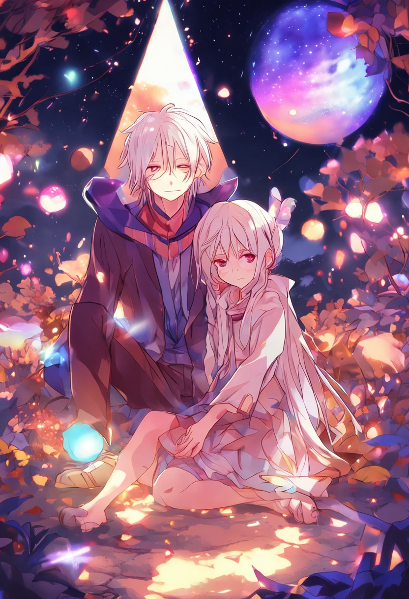Anime couple sitting on the ground，With glowing spheres, no game no life, beautiful fantasy anime, anime in fantasy style, zerochan art, hd anime wallaper, Anime fantasy artwork, anime wallaper, ethereal anime, Beautiful anime, Anime fantasy illustration, Beautiful anime artwork, anime artsyle, Beautiful anime art, pixiv contest winner, Digital art on Pixiv