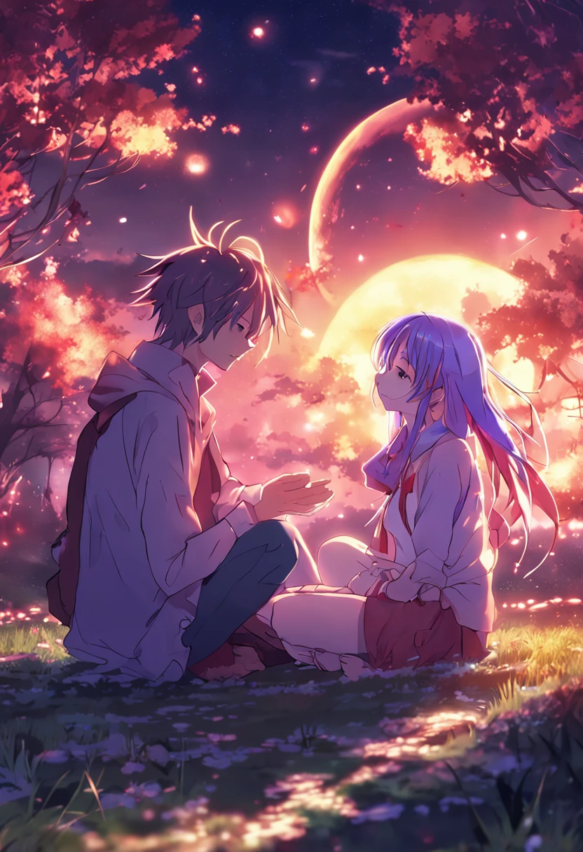 Anime couple sitting on the ground,With glowing spheres, no game no life, beautiful fantasy anime, anime in fantasy style, zerochan art, hd anime wallaper, Anime fantasy artwork, anime wallaper, ethereal anime, Beautiful anime, Anime fantasy illustration, Beautiful anime artwork, anime artsyle, Beautiful anime art, pixiv contest winner, Digital art on Pixiv