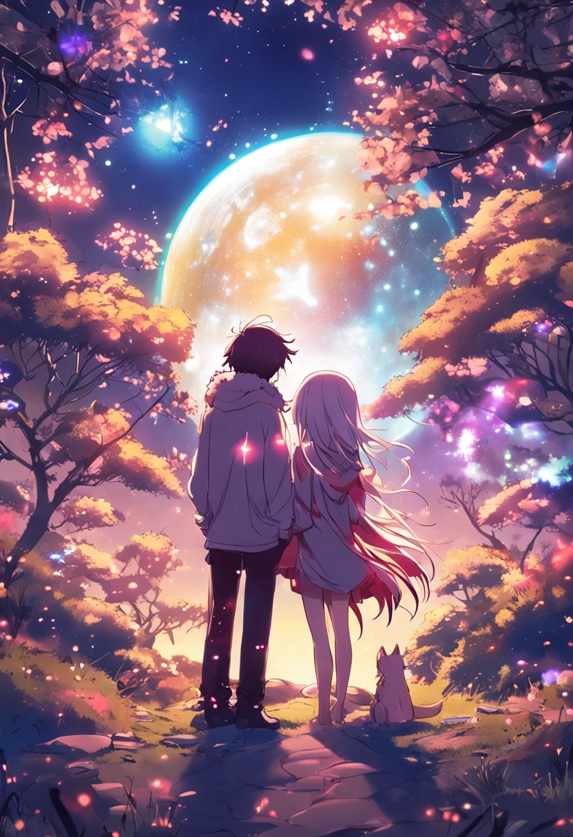 Anime couple sitting on the ground，With glowing spheres, no game no life, beautiful fantasy anime, anime in fantasy style, zerochan art, hd anime wallaper, Anime fantasy artwork, anime wallaper, ethereal anime, Beautiful anime, Anime fantasy illustration, Beautiful anime artwork, anime artsyle, Beautiful anime art, pixiv contest winner, Digital art on Pixiv