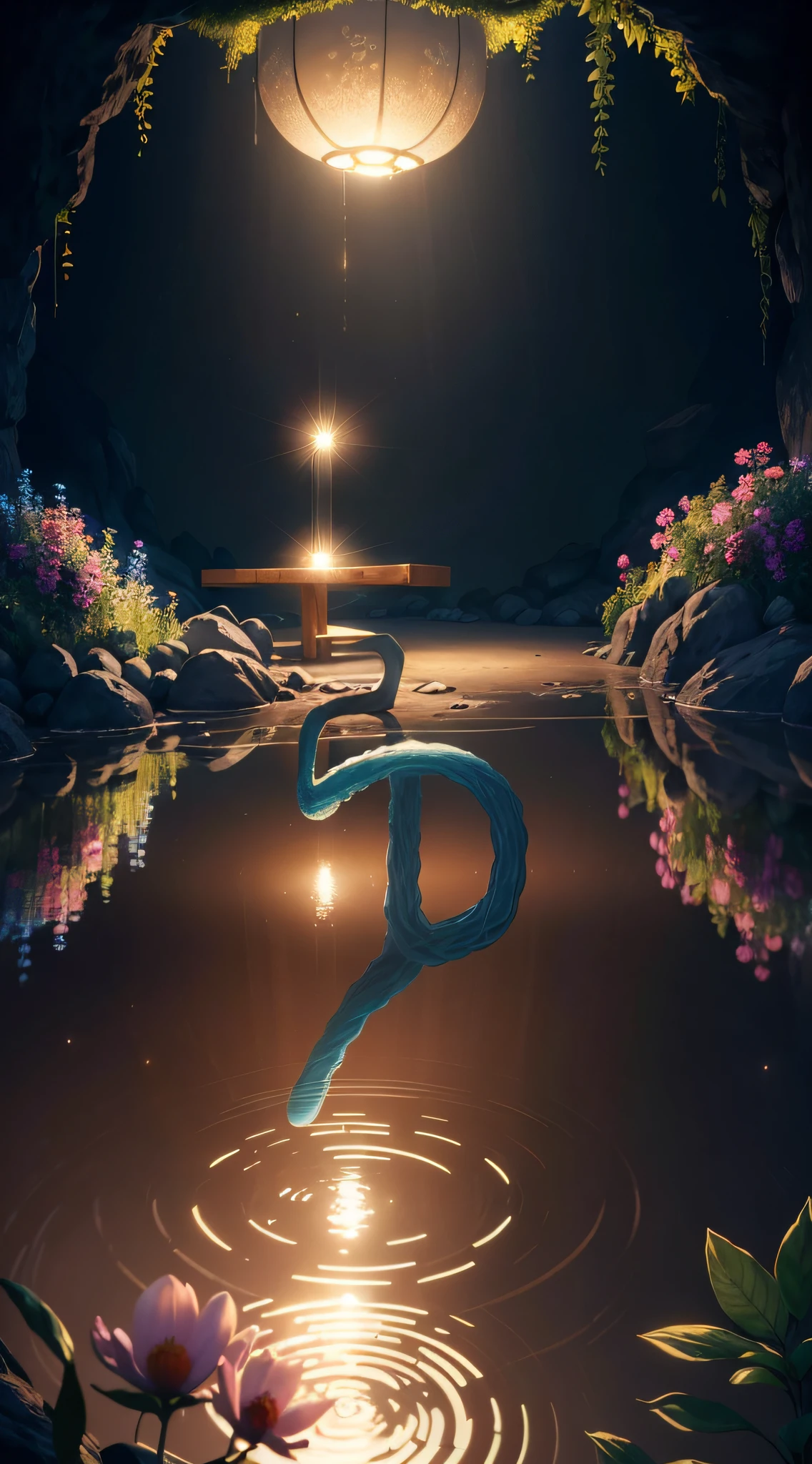 Masterpiece,Best quality,(Many plants:1.5)((Clean glass,Shine: 1.2,(Transparent:1.1),The sheen)).pixar-style,((In a cave, At night, Surrounded by glowing plants, Flowers, Flying fireflies,bonfires:1.2)),(Ultra detailed, Aesthetic, 美丽的构图, rich and vivid colors, Volumetric soft light),4K,Reflection in the water,Water Ripples is inspired by Alice in Wonderland,magic,Fairy tale Unreal Engine,rendering by octane,cuteness render,a 3D render,awe inspiring,Beautiful,AdobePhotoshop,tchibi,