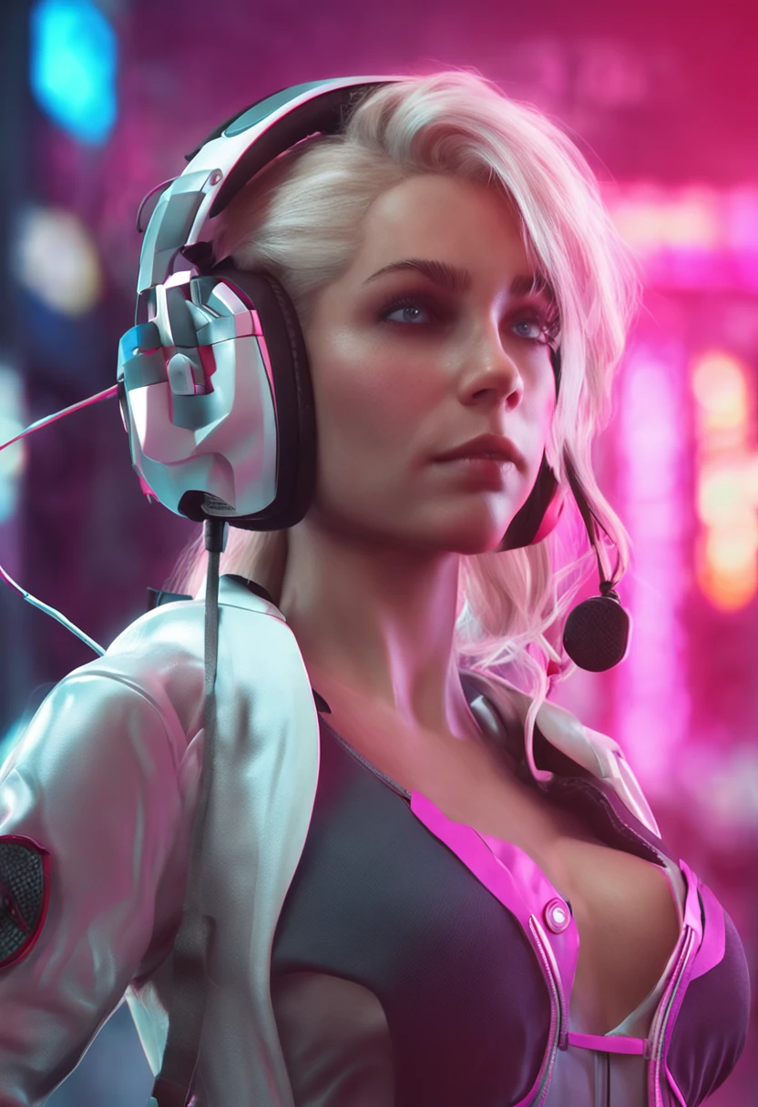 Realistic photo: Blonde game girl leaning against camera, Photo of the front of the photo above, redhood, Large white gamer headset, Medium breasts, Tight white top:1.2, splits, Pink bra:1.2, looki at viewer, pastelcolor, Cinematic lighting, perfect anatomia:1.2, Rounded breasts:1.2, In order, rein:1.2, perfectly proportions