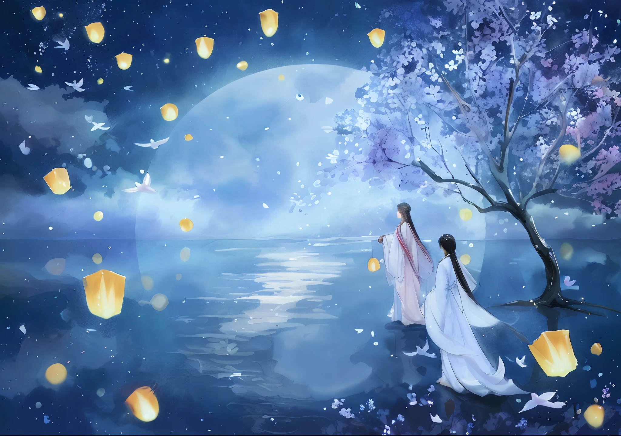 There were two women in white dresses standing in the water, A beautiful artwork illustration, anime beautiful peace scene, fairy tale style background, calm evening. Digital illustration, beautiful gorgeous digital art, beautiful fantasy anime, Anime girl walking on water, beautiful digital art, Very Beautiful Digital Art, Beautiful digital artwork, very beautiful fantasy art, beautiful fantasy art, Beautiful fantasy painting