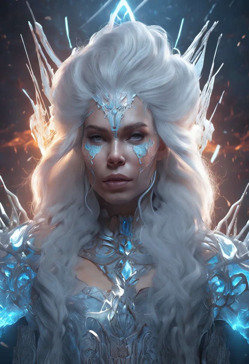 A white-haired and lightning goddess of ice surrounded her, full bodyesbian, nice perfect face with soft skinice perfect face, Concept art portrait by Greg rutkowski, Art germ, Ultra-detailed and intricate Gothic art trends in Artstation ternary colors, Fantastical, intricately details, Splash screen, Complementary colors, fantasy concept art, 8K resolution, Deviantart's masterpiece, Oil painting, Heavy strokes,