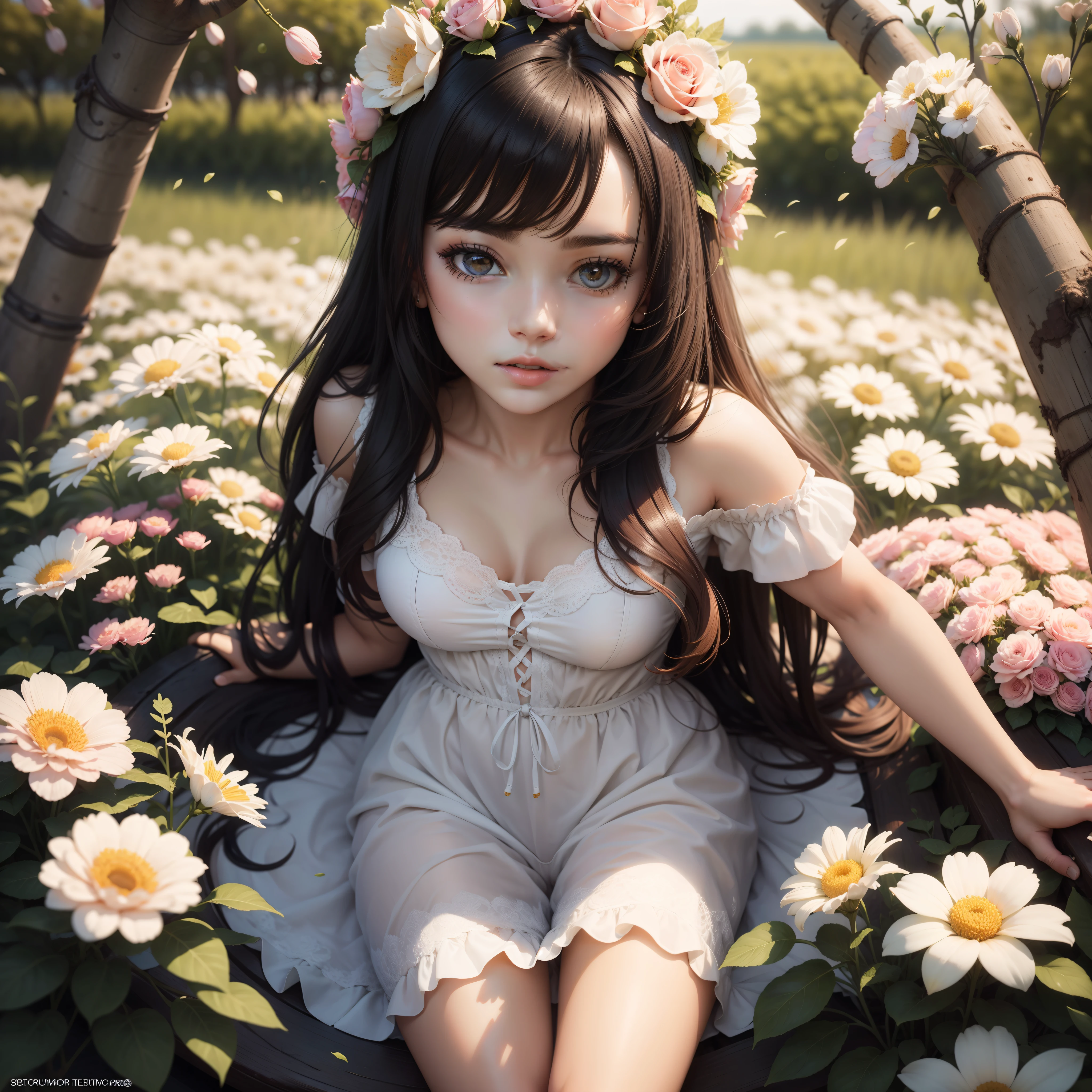Beautiful girl surrounded by flowers