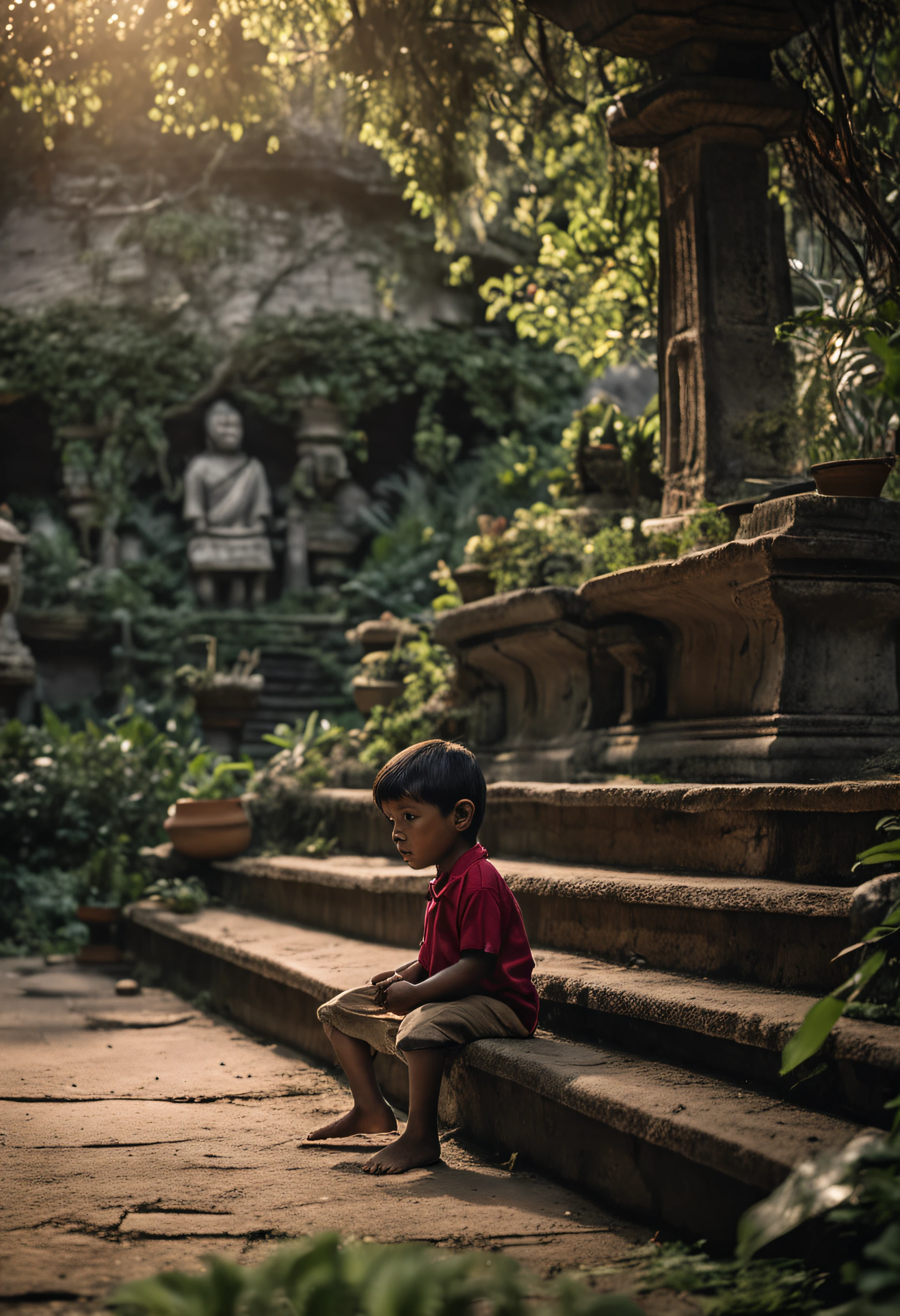 Amidst an overgrown garden, a 4--old sits on a stone bench, his gaze fixed on the task of removing a hand grenade's pin with childlike curiosity. Behind him, a majestic and mysterious figure materializes—death personified, patiently awaiting his inevitable role. The atmosphere strikes a delicate balance between innocence and solemnity, inviting contemplation on the cycle of life. Photographed by Steve McCurry using a Fujifilm GFX 100S and a 24mm lens, the lighting intertwines natural sunlight and the soft glow of studio lighting, casting gentle highlights and shadows. 8K, Ultra-HD, Super-Resolution. --v 5 --q 2