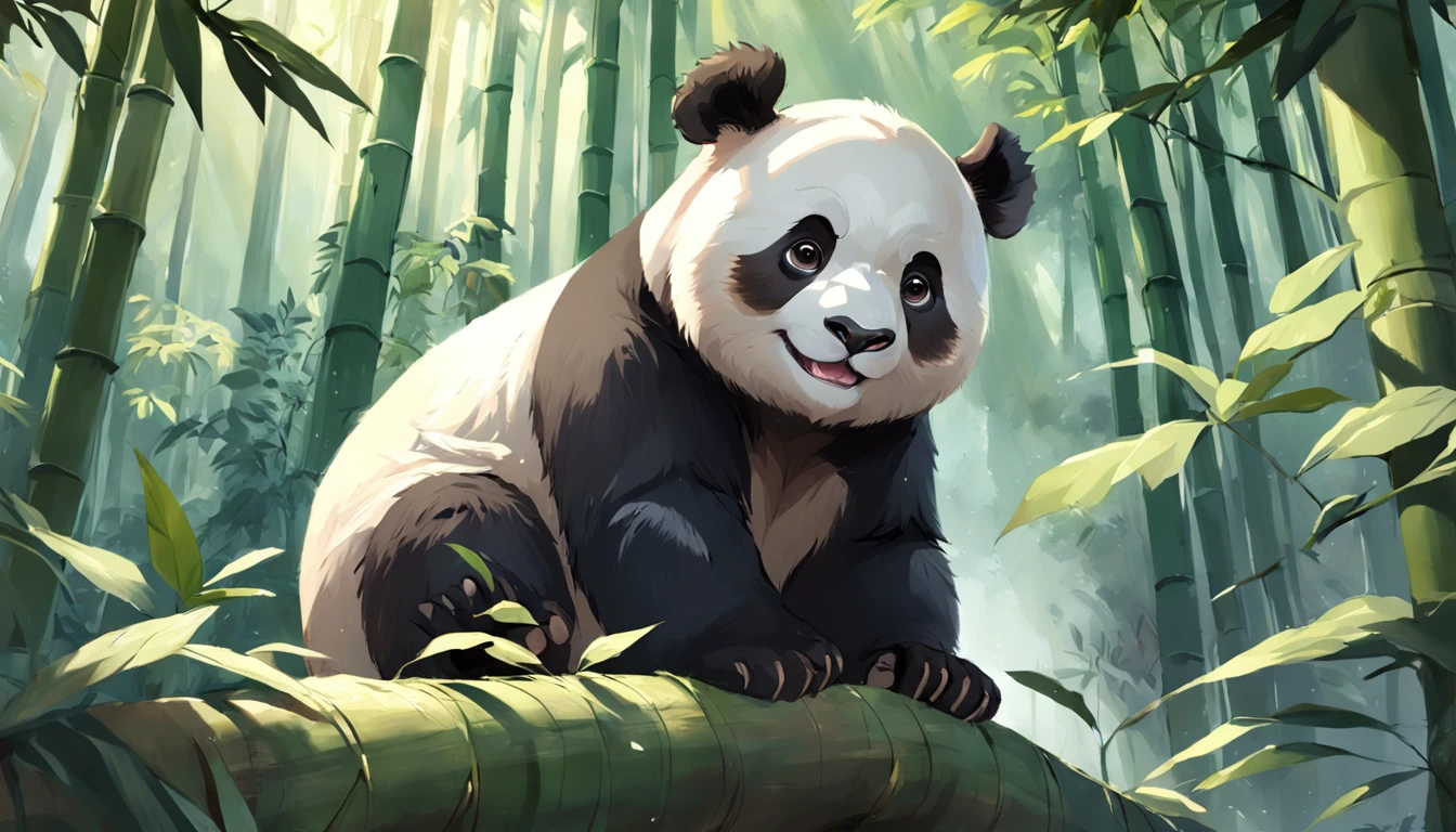 "A highly detailed close-up illustration of a panda lounging against a tree, holding a cigarette in one paw while surrounded by swirling clouds of smoke. The panda has a peaceful, happy smile, clearly enjoying the moment. The background includes a softly lit, misty forest with shadows and smoke creating a dreamy atmosphere."