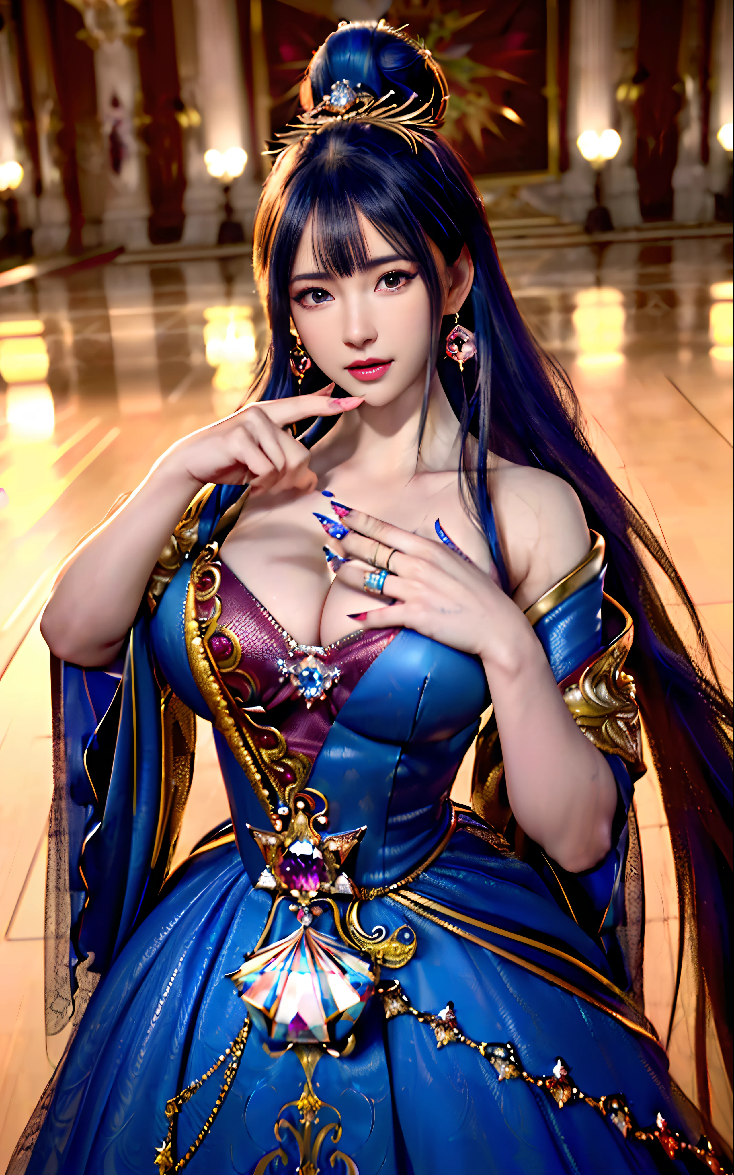 ((realisticity: 1.2)), ((realistic: 8K UHD)), ((best resolution: 8K UHD)), hyper detailed, best quality,masterpiece,highres,cg, ((1 girl hyper detailed and hyper realistic) ) , ((beautiful queen, hyper realistic and hyper detailed)),((white skin, beautiful, smooth, youthful, hyper realistic and hyper detailed )), ((Face hyper beautiful, white, hyper realistic and hyper detailed ) ), long hair, ((hyper realistic and hyper detailed dress)), solo, ((hyper realistic, hyper beautiful, beautiful and hyper detailed jewelry)), ((hyper beautiful deep red and golden yellow dress, hyper realistic and hyper detailed )) , ((Her pretty, hyper realistic, hyper detailed diamond filled earrings)), ((Her gorgeous diamond haircut, hyper realistic and hyper detailed)), ((hyper pretty upper body, hyper beautiful, hyper realistic and hyper detailed) ), ((medium breast: 1.1)), ((hyper realistic, hyper pretty, hyper detailed boobs)), ((the backgroun of the royal palace is hyper majestic, hyper realistic and hyper detailed)),((hands and palms hyper beautiful, hyper detailed, hyper realistic)), ((hyper detailed and hyper realistic fingers and fingernails)), ((hyper pretty fingernails, hyper vivid, hyper detailed, hyper realistic)), ((thumb, index finger, middle finger, ring finger, little finger hyper vivid, hyper pretty, hyper detailed, hyper realistic)),
((hyper beautiful fingers, hyper detailed, and hyper realistic)), ((posture not too fat and not too thin, hyper realistic, hyper detail)), ((hyper pretty, hyper pretty, hyper realistic and hyper detailed hair bun)), ((hyper pretty , hyper realistic and hyper detailed blue hair)), candid, Photo, high resolution, 8k , bokeh,
