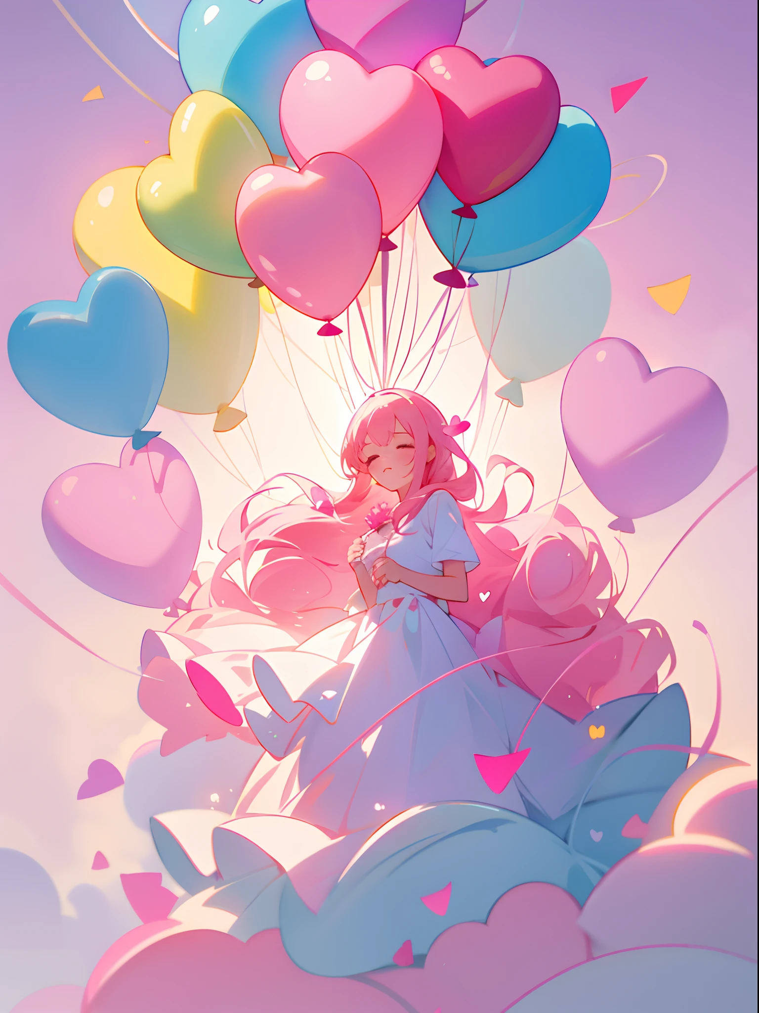 Valentine's Day illustration, sweet,balloons, flower sea, fantasy, imagination, Dreams, Tight, Delicate,Pink atmospheric sense.