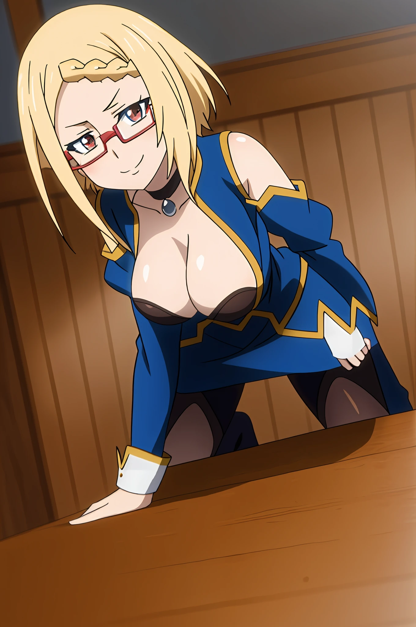 Killerqueen, anime art style, 1girl, solo, looking_at_viewer, smile, short_hair, blonde_hair, red_eyes, ribbon, hair_over_one_eye, (((glasses))), ((rim-less eyewear)), (((mature female))), tall, beautiful, medium breast, milf, (eyewear:0.9)