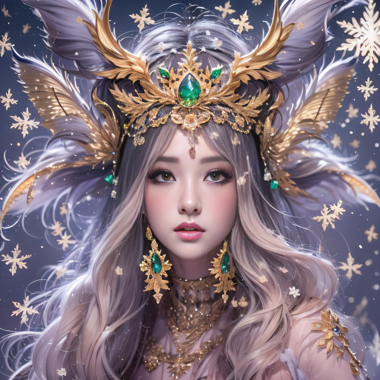 32K（tmasterpiece，k hd，hyper HD，32K）Purple-pink flowing hair，Gold jewelry area in the back room，King Girl ，Green Bronze Dragon Protector （realisticlying：1.4），Python pattern robe，Purple-pink tiara，Snowflakes fluttering，The background is pure，Hold your head high，Be proud，The nostrils look at people， A high resolution， the detail， RAW photogr， Sharp Re， Nikon D850 Film Stock Photo by Jefferies Lee 4 Kodak Portra 400 Camera F1.6 shots, Rich colors, ultra-realistic vivid textures, Dramatic lighting, Unreal Engine Art Station Trend, cinestir 800，Hold your head high，Be proud，The nostrils look at people，Tsundere，Snowflakes fluttering，Snowflakes fluttering，Snowflakes fluttering，Snowflakes fluttering，Impeccable，Exaggerated and unfounded feelings about one's own importance and talents (pompous). Focus on unlimited butterfly fantasies, influencer, power, information, Beauty, Or perfect love. Attributed to the special and unique，Only the highest quality people should be associated