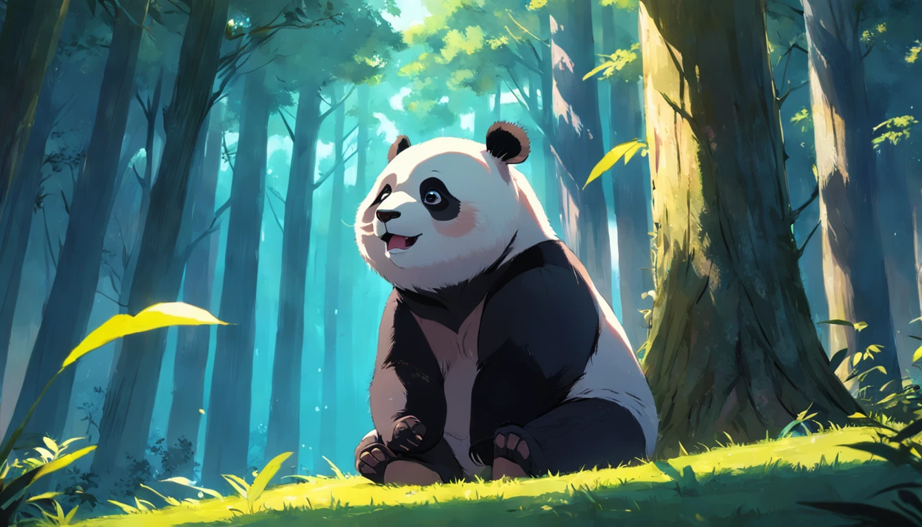 tmasterpiece, best qualityer, cinematic Film still from, 1 panda, Close up bright and bright, cheerfulness, Soft lighting and warmth, natta, Panda looking up at the sky in the forest