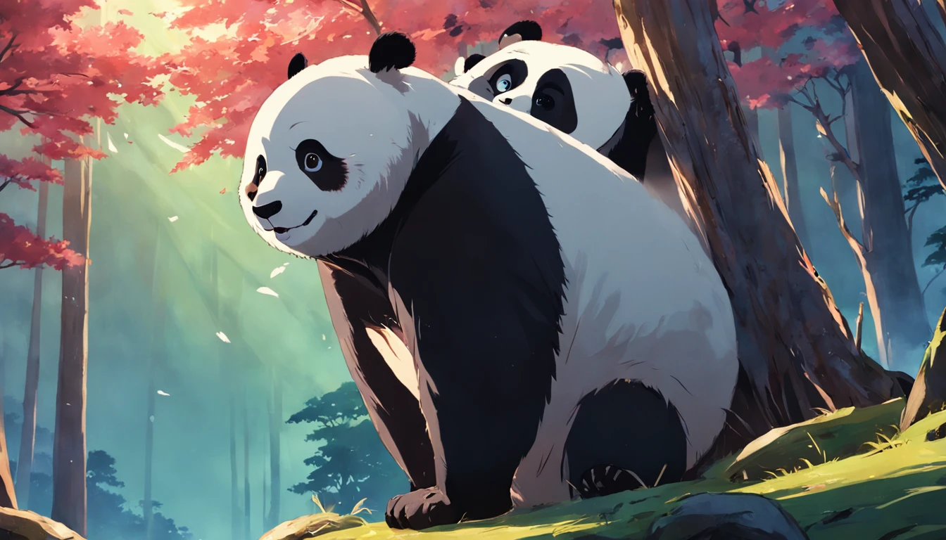 tmasterpiece, best qualityer, cinematic Film still from, Two pandas, Close-up Shot Shot，Bright and bright, cheerfulness, Soft lighting and warmth, natta, Panda looking up at the sky in the forest