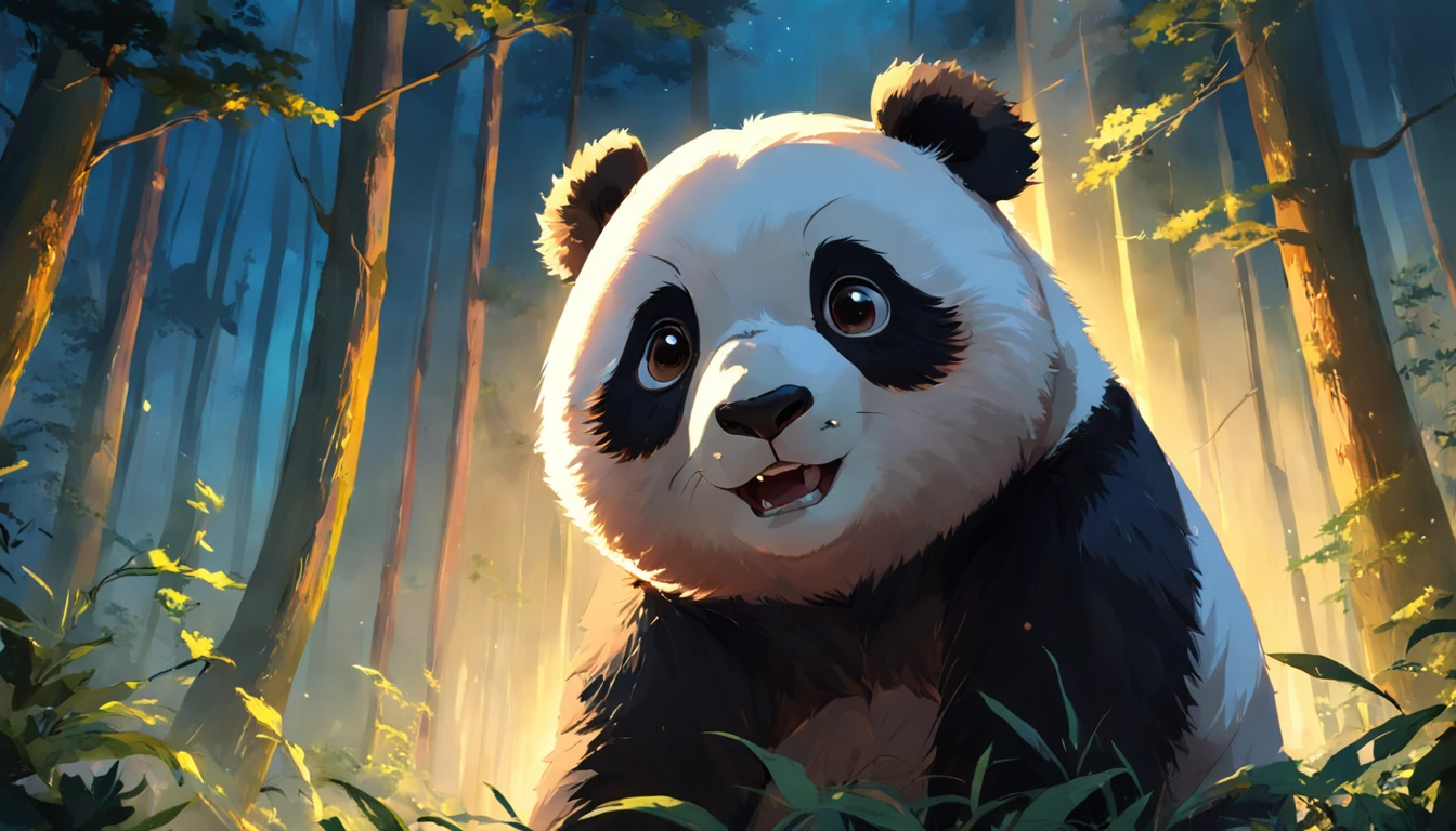 tmasterpiece, best qualityer, cinematic Film still from, 1 panda, Close up bright and bright, cheerfulness, Soft lighting and warmth, natta, Panda looking up at the sky in the forest