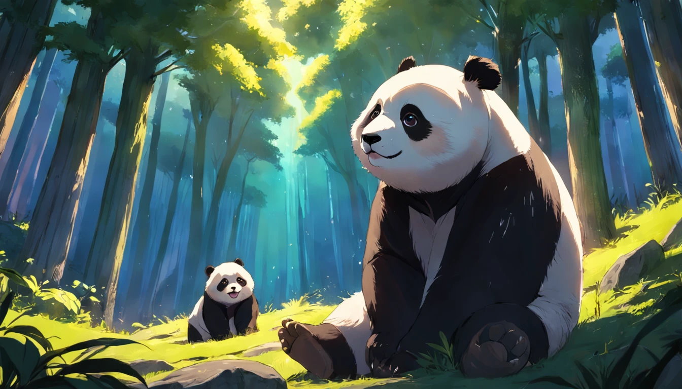 tmasterpiece, best qualityer, cinematic Film still from, 1 panda, Close up bright and bright, cheerfulness, Soft lighting and warmth, natta, Panda looking up at the sky in the forest