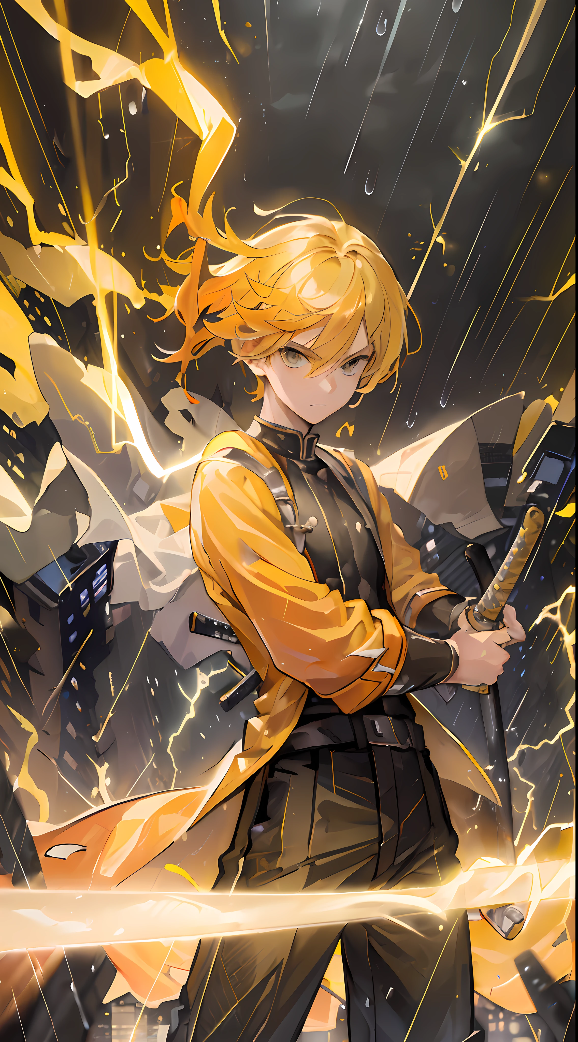 (((masterpiece))),((best quality)),((((city))),detailed,1boy,solo,victorious posture,yellow hair, holding katana,night,whole body,fog, thunder,(rain),((electricity)))), katana, holding the sword, ultra detailed face