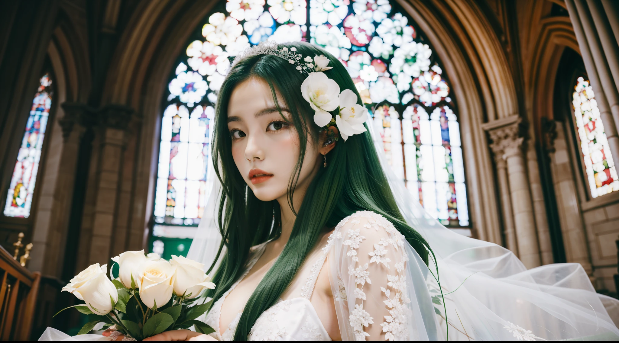 A silhouette of a beautiful woman,Long green hair and holding flowers on wedding dress,The background is the church。