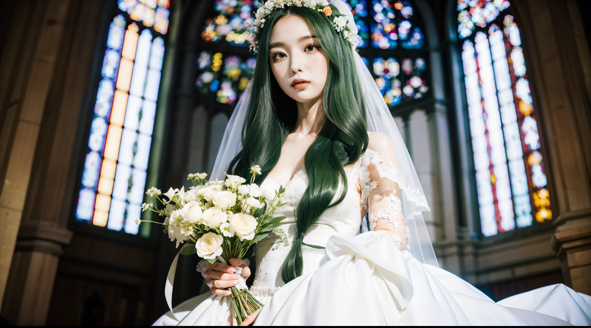 A silhouette of a beautiful woman,Long green hair and holding flowers on wedding dress,The background is the church。