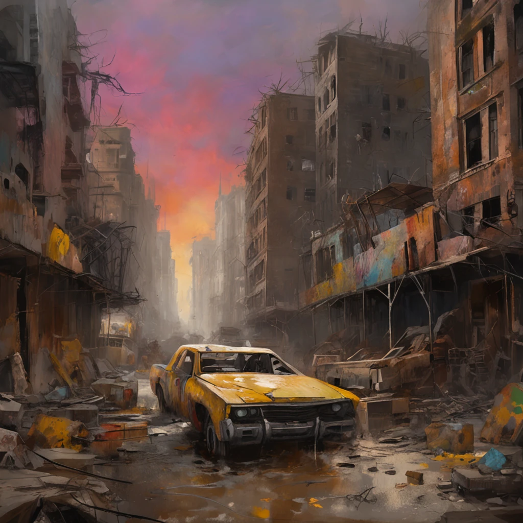 a picture taken from a video game of a city with a horse and carriage, digital concept art of dystopian, post - apocalyptic city, in a ruined cityscape, dystopian slums, an abandoned dystopian city, dirty cyberpunk city, post apocalyptic city, post apocalyptic district, dystopian city, cyberpunk city abandoned, post - apocalyptic city streets, ruined cityscape, destroyed city