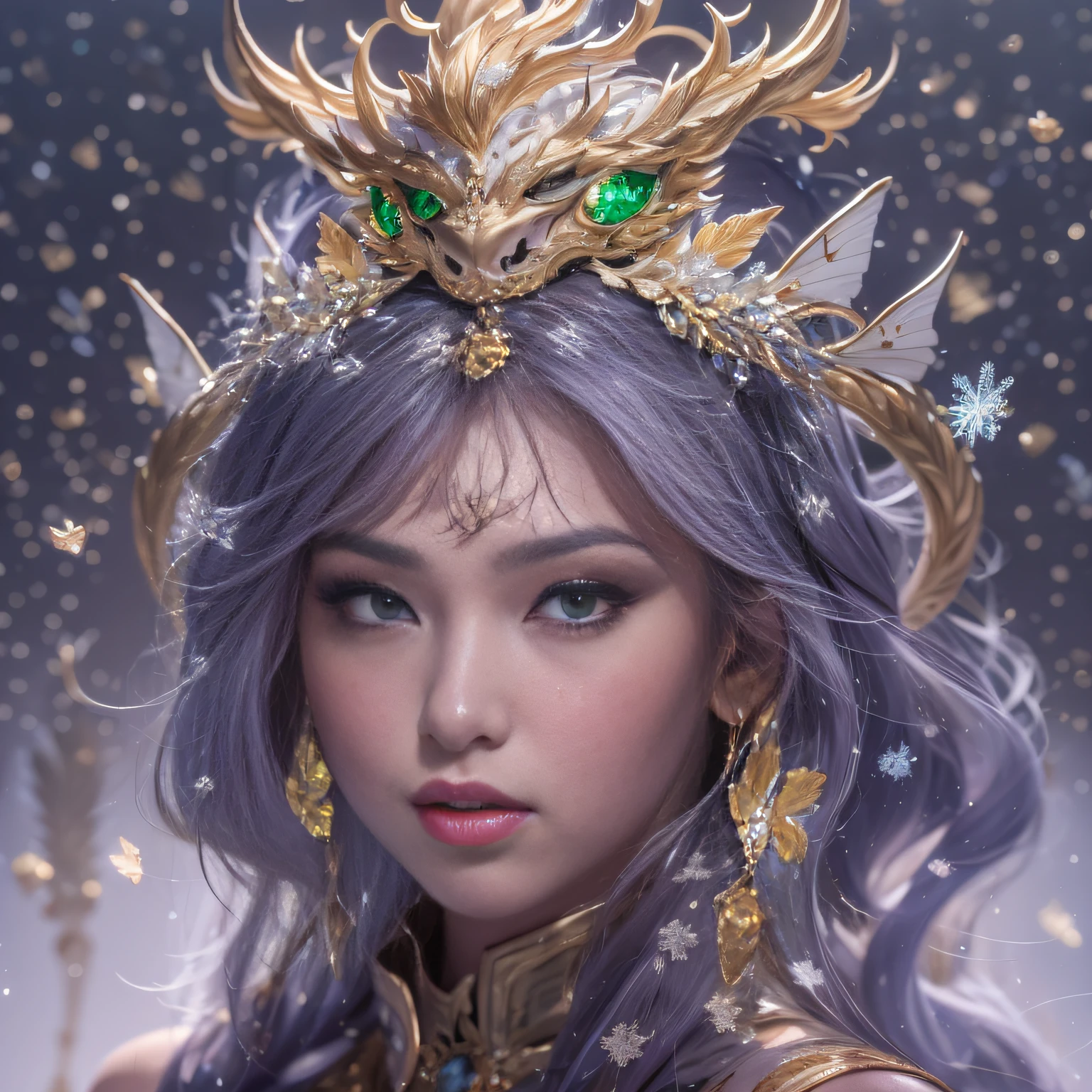 32K（tmasterpiece，k hd，hyper HD，32K）Purple-pink flowing hair，Gold jewelry area in the back room，King Girl ，Green Bronze Dragon Protector （realisticlying：1.4），Python pattern robe，Purple-pink tiara，Snowflakes fluttering，The background is pure，Hold your head high，Be proud，The nostrils look at people， A high resolution， the detail， RAW photogr， Sharp Re， Nikon D850 Film Stock Photo by Jefferies Lee 4 Kodak Portra 400 Camera F1.6 shots, Rich colors, ultra-realistic vivid textures, Dramatic lighting, Unreal Engine Art Station Trend, cinestir 800，Hold your head high，Be proud，The nostrils look at people，Tsundere，Snowflakes fluttering，Snowflakes fluttering，Snowflakes fluttering，Snowflakes fluttering，Impeccable，Exaggerated and unfounded feelings about one's own importance and talents (pompous). Focus on unlimited butterfly fantasies, influencer, power, information, Beauty, Or perfect love. Attributed to the special and unique，Only the highest quality people should be associated