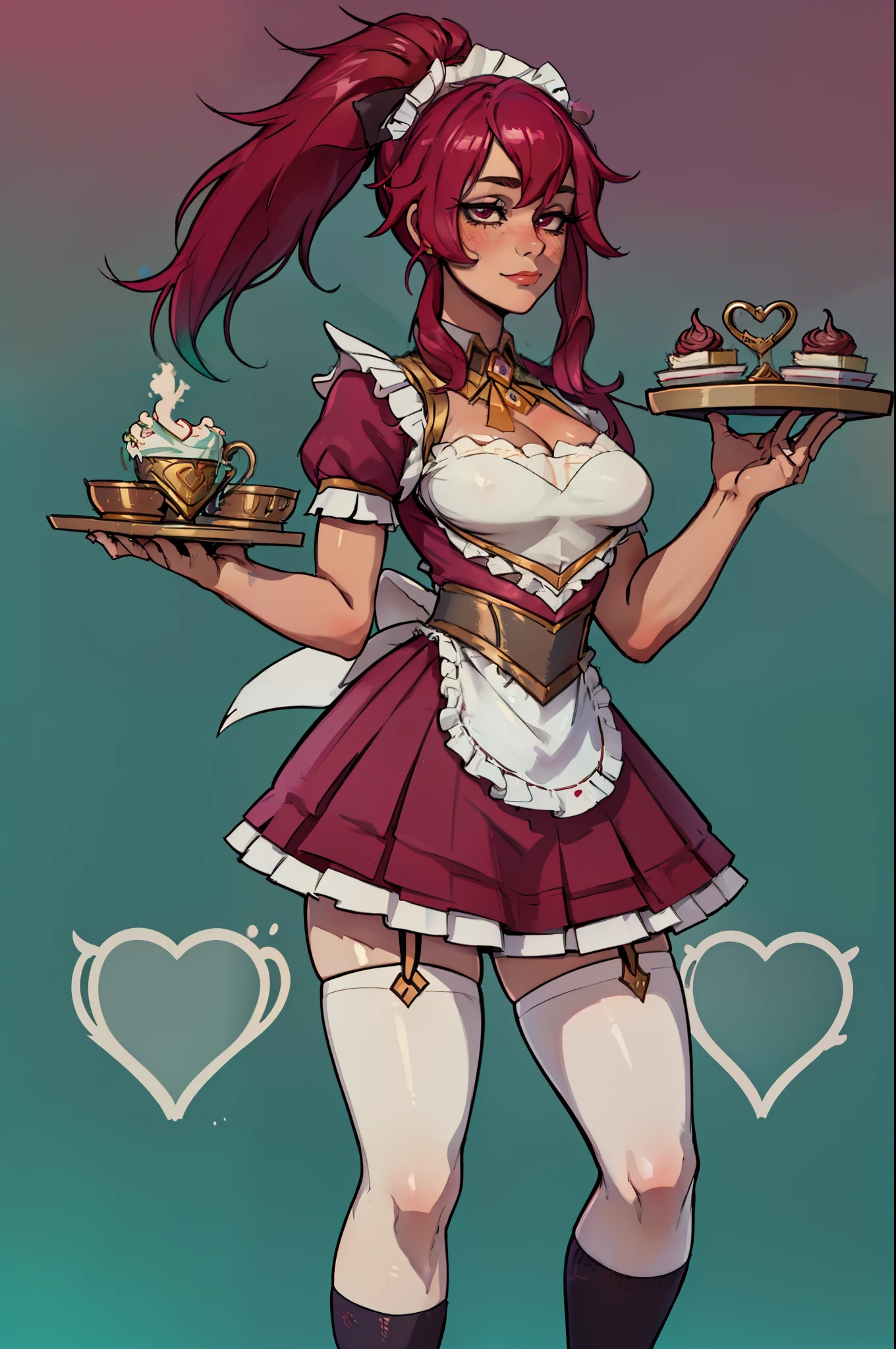 detailed cafe background, masterpiece, best quality, Cafe_Cutie_Sivir, ponytail, serving and offering a cup of coffee, cute maid outfit, master piece, best quality, detailed face, socks, cute skirt